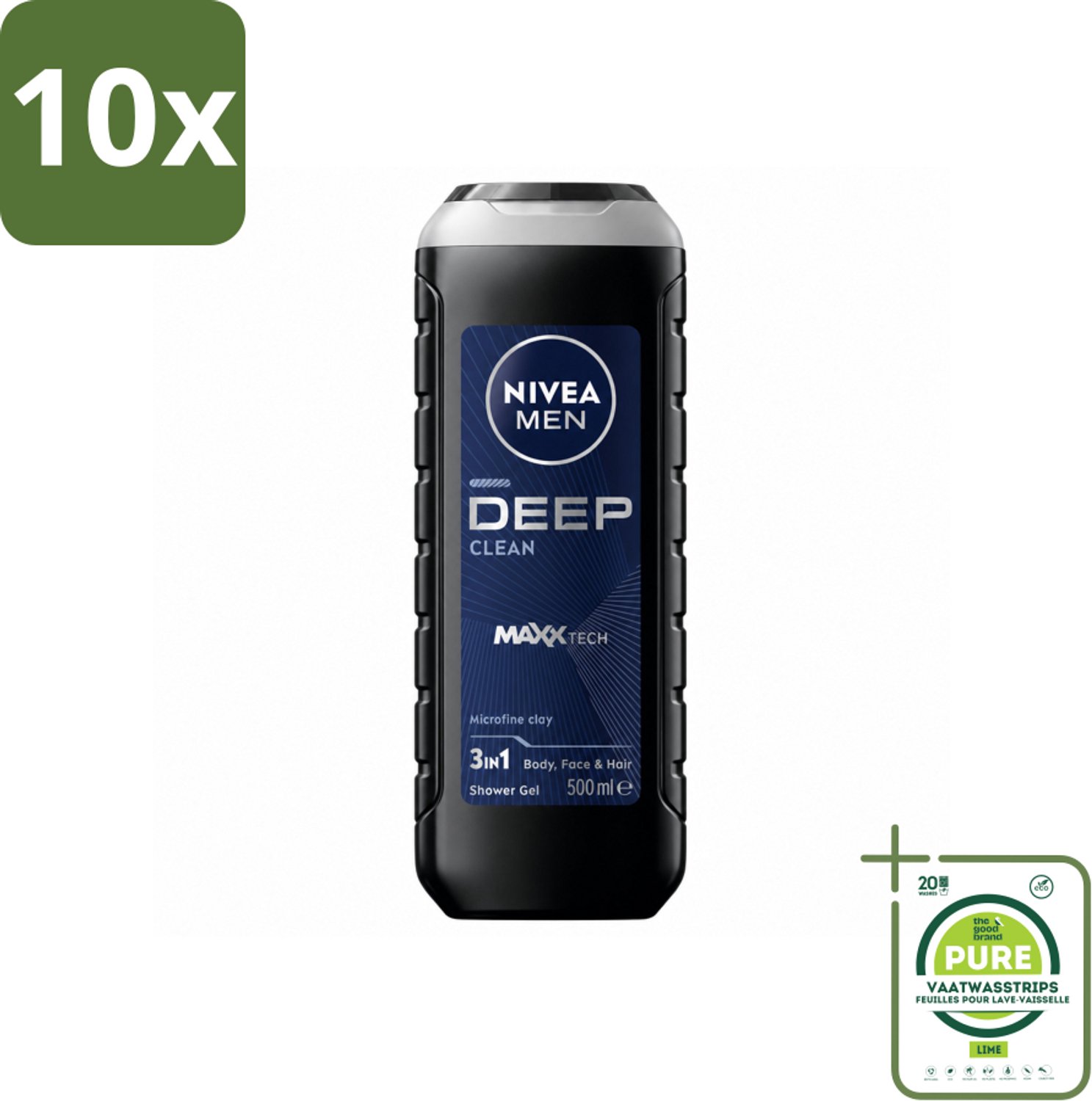 10 x NIVEA MEN - Douchegel - Deep Clean 3-in-1 - 500 ml - Grootverpakking - Vaatwasstrips - Diepe Reiniging - Microklei - Douchegel - Lichaam Reinigen - Gezicht Reinigen