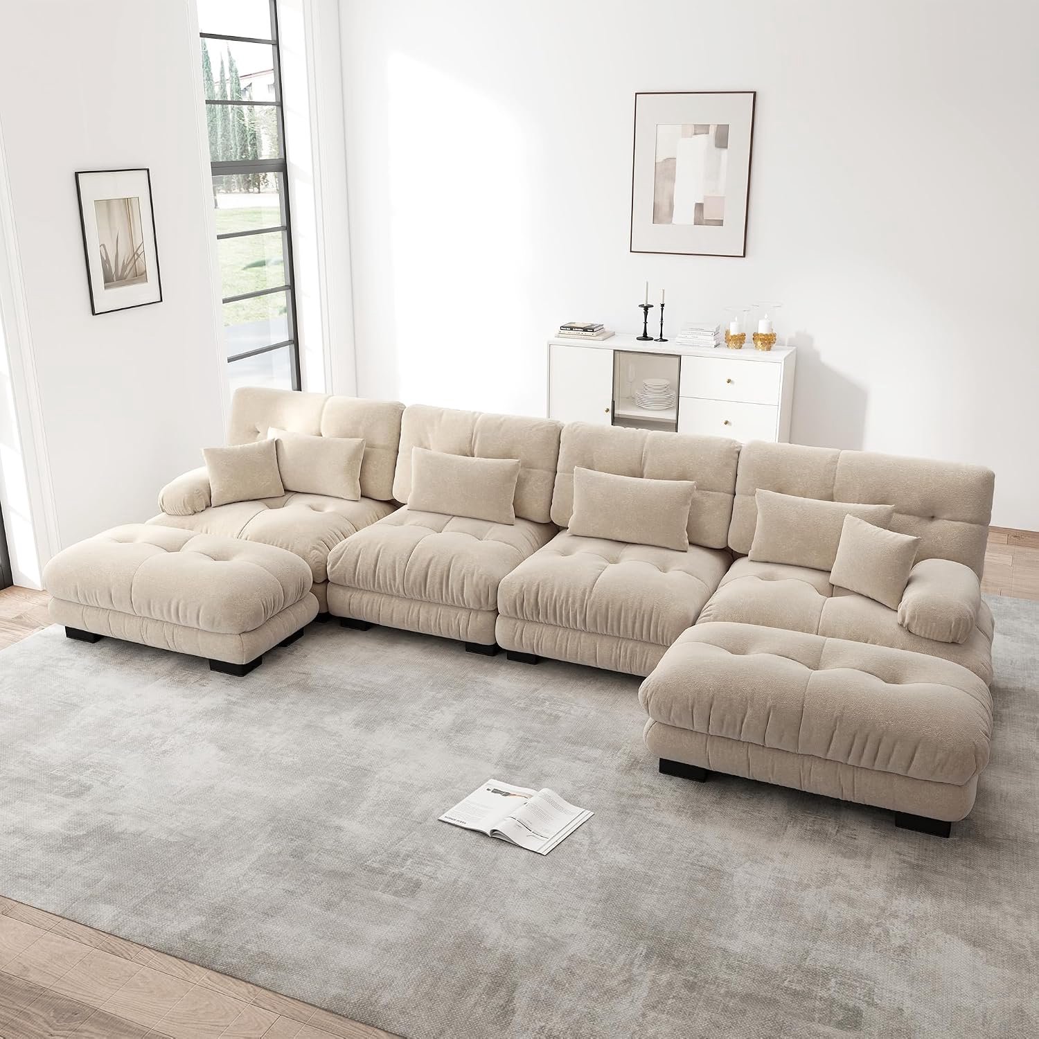 4-zits modulaire U-vormige hoekbank met beweegbare ottomans, chenille interieurlandschap met lage zitting en brede armleuningen, grote woonkamerbank voor appartement, kantoor, beige