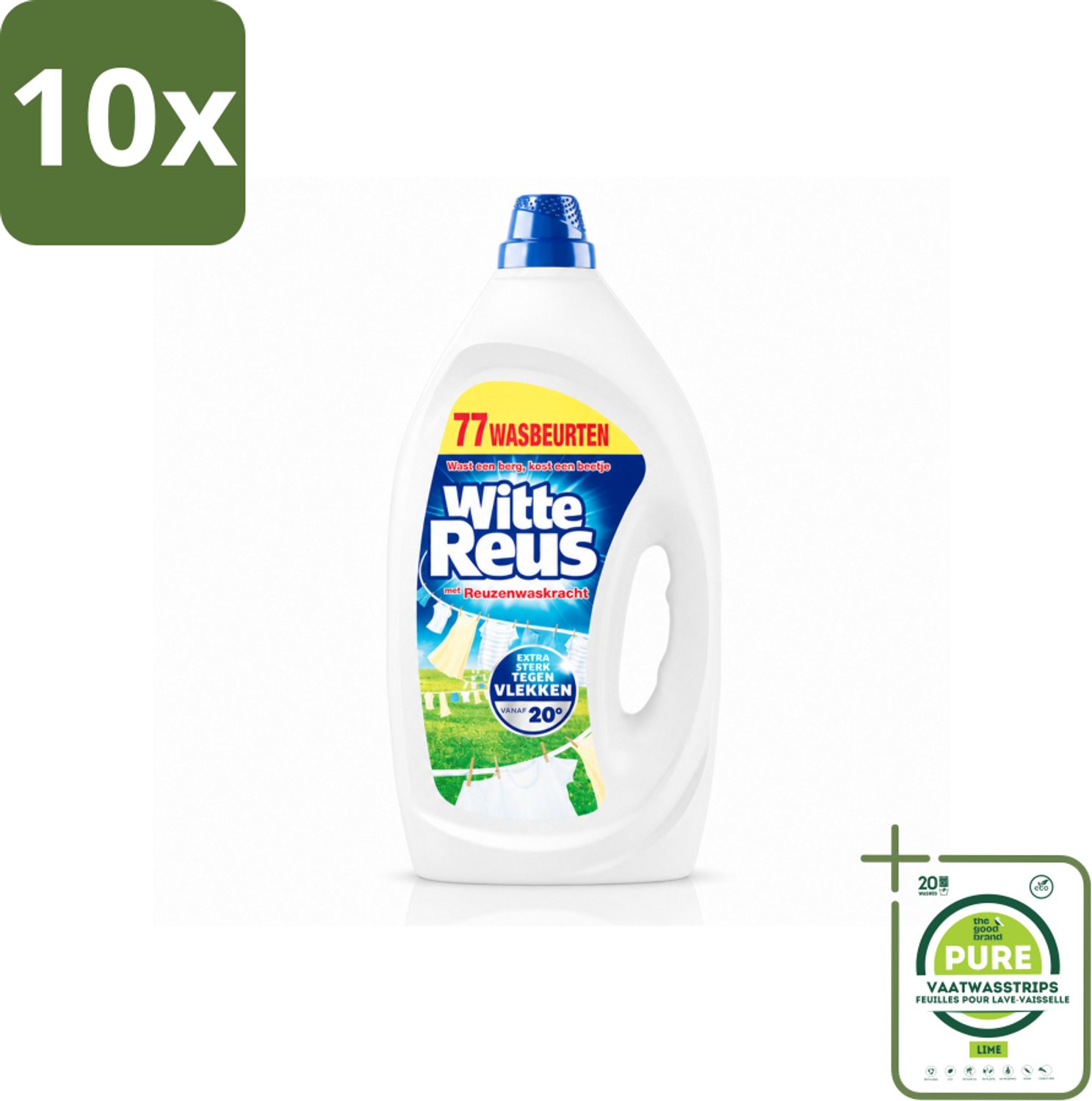 10 x Witte Reus - Vloeibaar Wasmiddel - Witte Was - 77 Wasbeurten - Grootverpakking - Vaatwasstrips - Witte Was - Wasmiddel - Vlekken Verwijderen - Waskracht - Was Vanaf 20°C