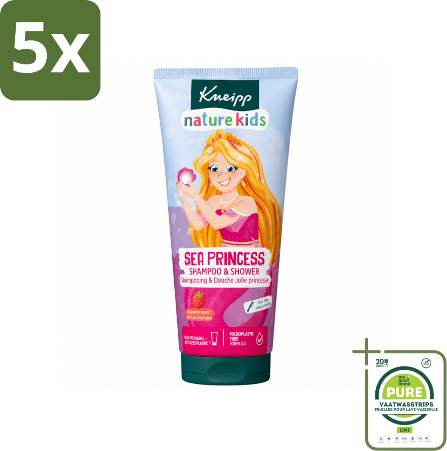5 x Kneipp - Shampoo & Douche - Prinsessen - 200 ml - Grootverpakking - Vaatwasstrips - Kinderdouchegel - Kinderbad - Frambozengeur - Natuurlijke Douchegel - Kinderhuid