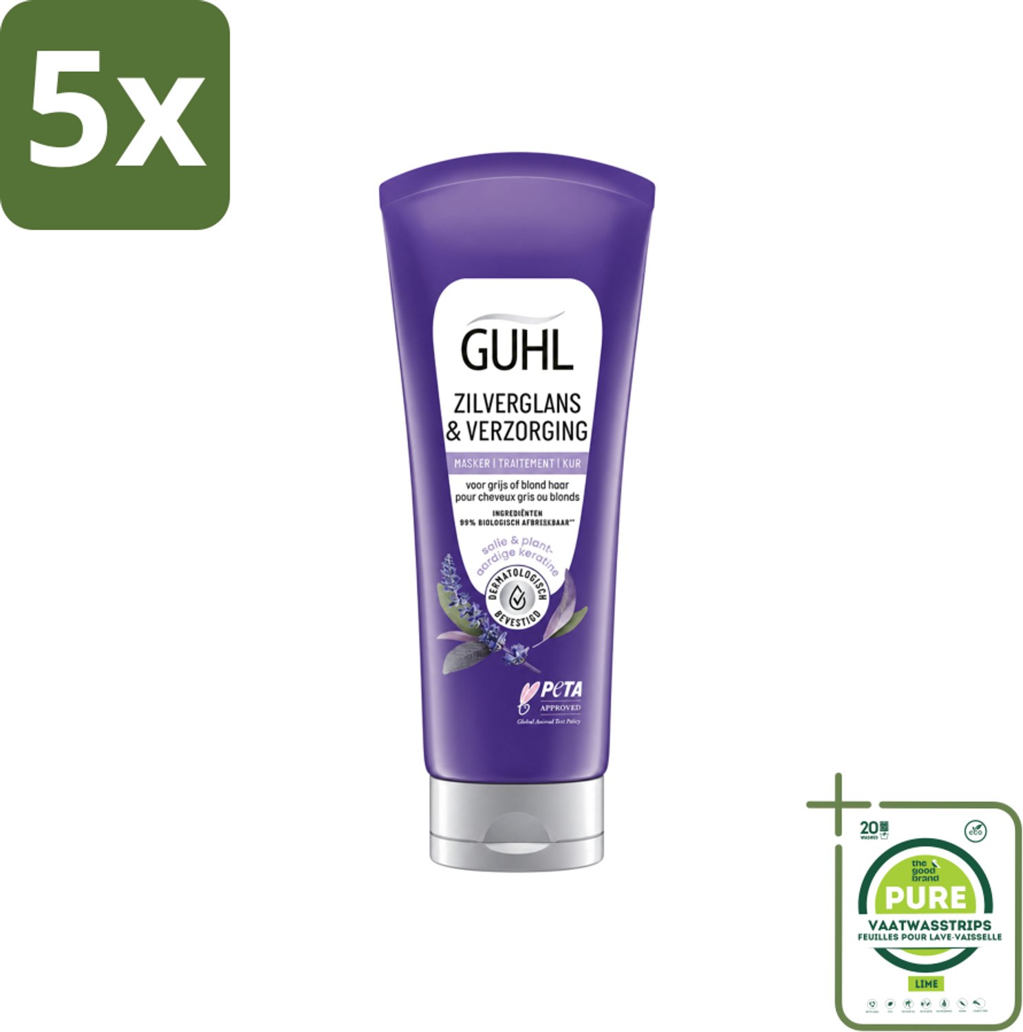 5 x Guhl - Haarmasker - Zilverglans & Verzorging Anti-Geel - 200 ml - Grootverpakking - Vaatwasstrips - Anti-geel Haarmasker - Geel Gloed Neutraliseren - Stralend Blond Haar - Grijs Haar Verzorgen - Haarkleur Opfrissen