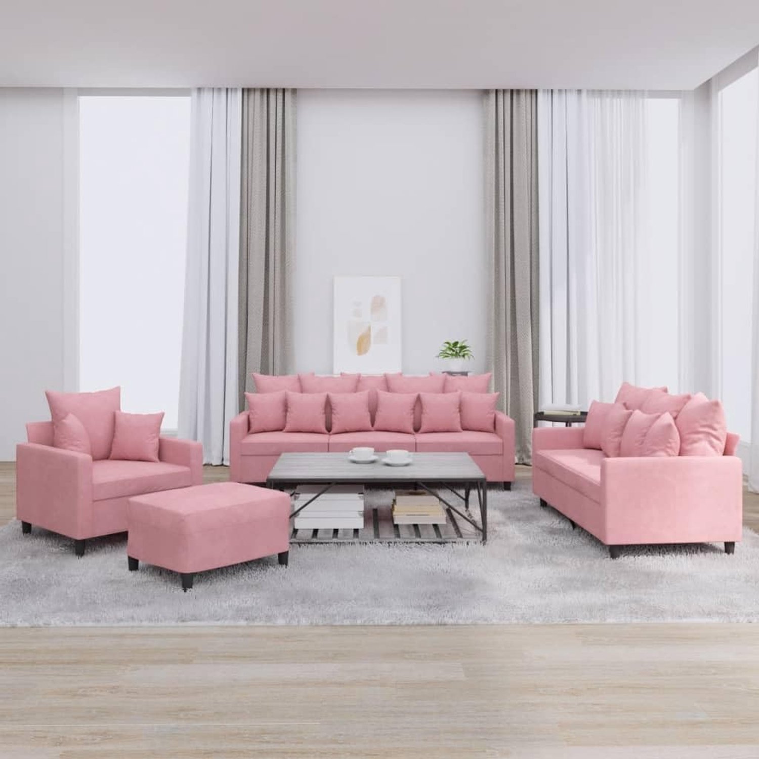 4-delige bankset met kussen, roze, fluweel, hoekbank, comfortmeubel voor woonkamer, bankset