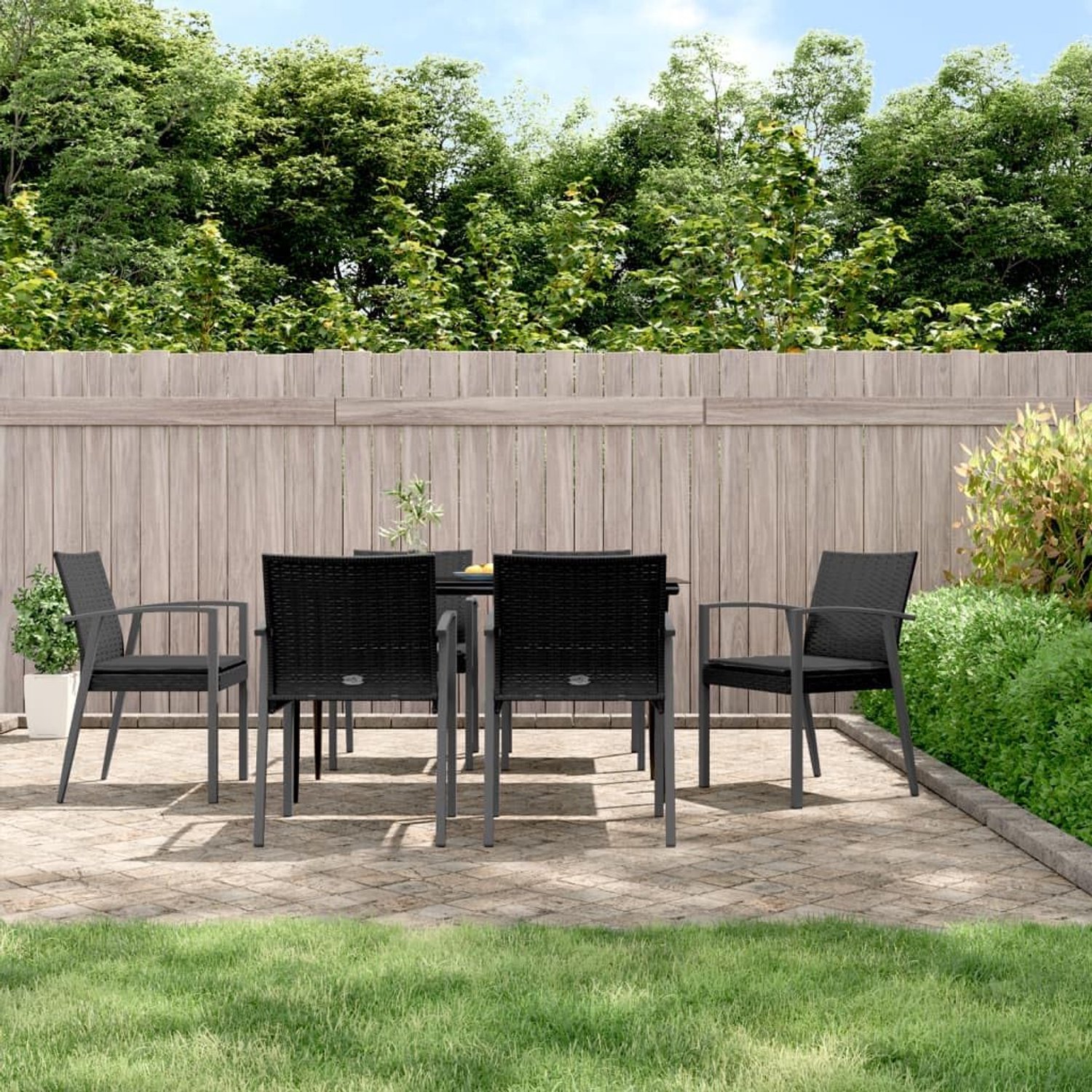 Tuinstoelen met kussens, zwart, 56,5 x 57 x 83 cm, polyrotan, PE-rotan, stalen frame, voor terras, buiten, zitgroep, polyrotan meubels, 6 stuks