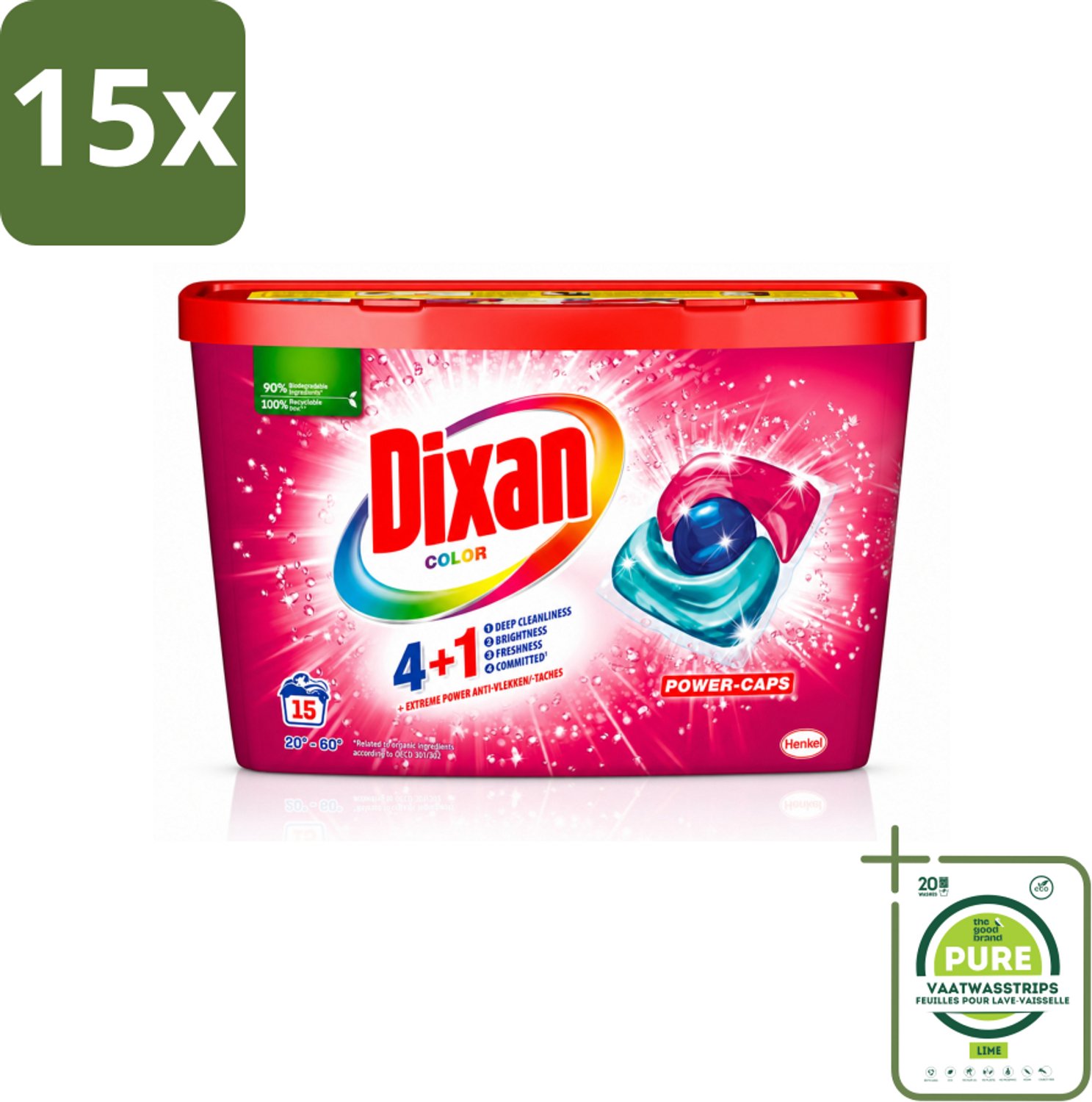 15 x Dixan - Wasmiddelcapsules - Voor gekleurde was - 15 wasbeurten - Grootverpakking - Vaatwasstrips - Wasmiddel Voor Gekleurde Was - Wasmiddelcapsules - Kleurbehoud - Vlekverwijdering - Frisse Was