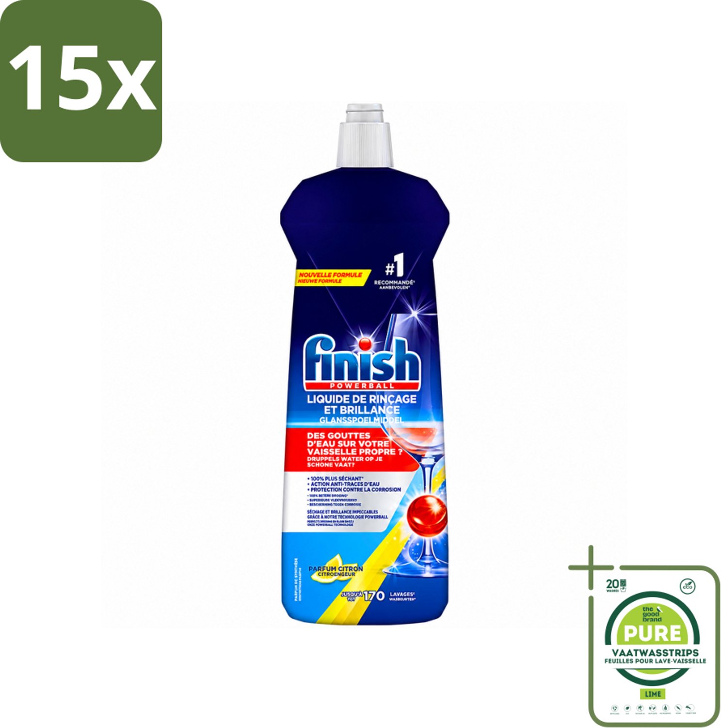 15 x Finish - Vaatwasmiddel - Glansspoelmiddel Citroen - Glans & Droogresultaat - 170 afwasbeurten - Grootverpakking - Vaatwasstrips - Glansspoelmiddel Citroen - Vaatwasmiddel - Glans - Droogproces - Kalkvorming