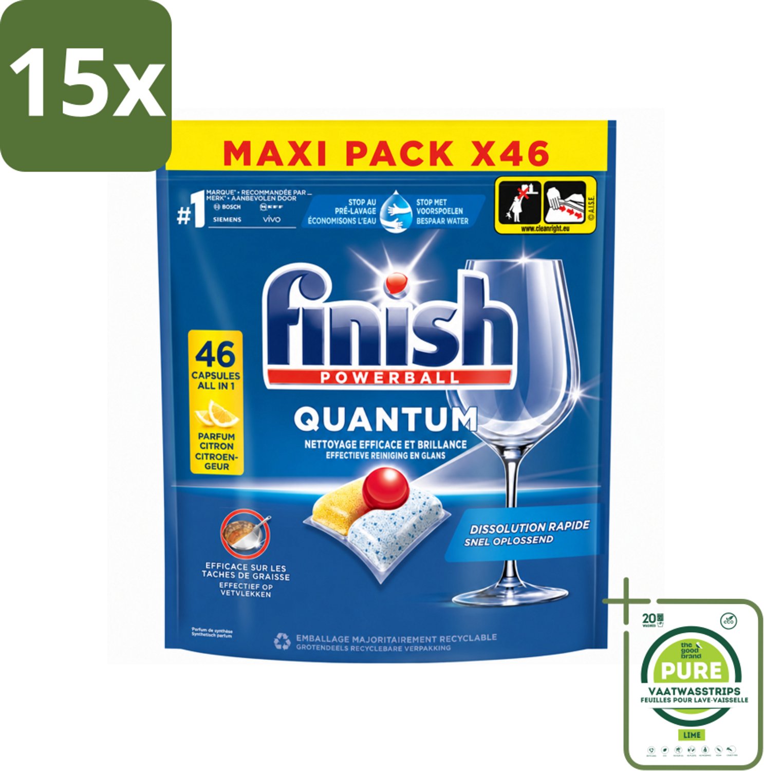15 x Finish - Vaatwasmiddel - Quantum Vaatwastabletten Citroen - Diepe Reiniging & Frisheid - 46 capsules - Grootverpakking - Vaatwasstrips - Vaatwastabletten - Diepe Reiniging - Citroengeur - Glans - Kalkaanslag