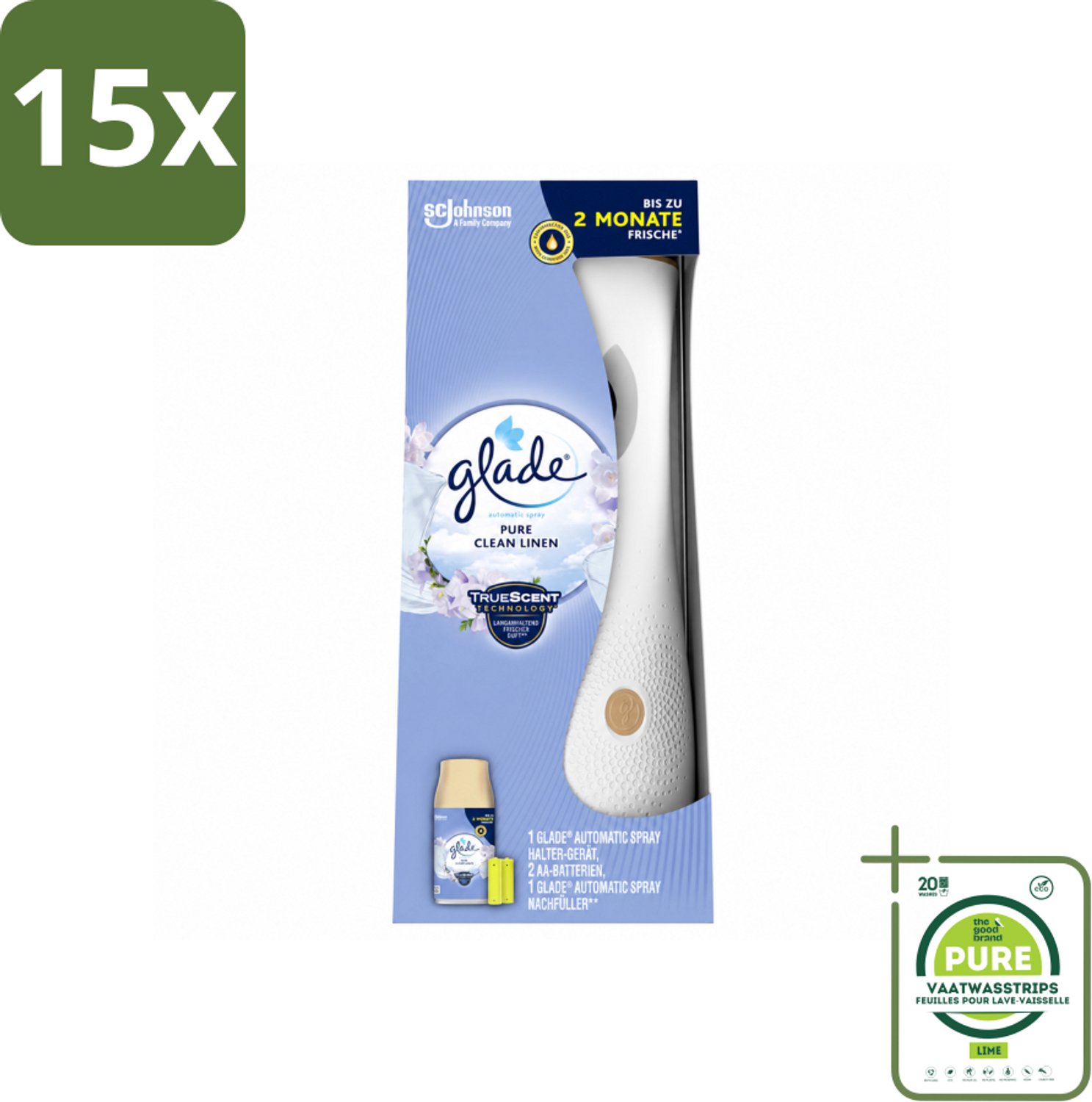 15 x Glade - Startset Automatische Spray - Pure Clean Linen - 269 ml - Grootverpakking - Vaatwasstrips - Geur Versgewassen Linnengoed - Geur Pure Clean Linen - Geurverspreiding - Automatische Geurafgifte - Geur In Huis