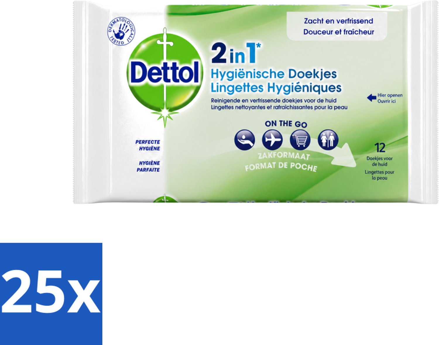 25 x Dettol - Reinigingsdoekjes - 2-in-1 Reiniging & Desinfectie - On the Go - 12 Doekjes - Voordeelverpakking - 25 stuks