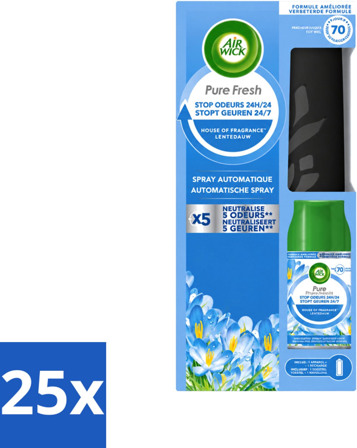 25 x Air Wick - Freshmatic Spray - Starterkit - Pure Fresh Lentedauw - 250 ml - Voordeelverpakking - 25 stuks