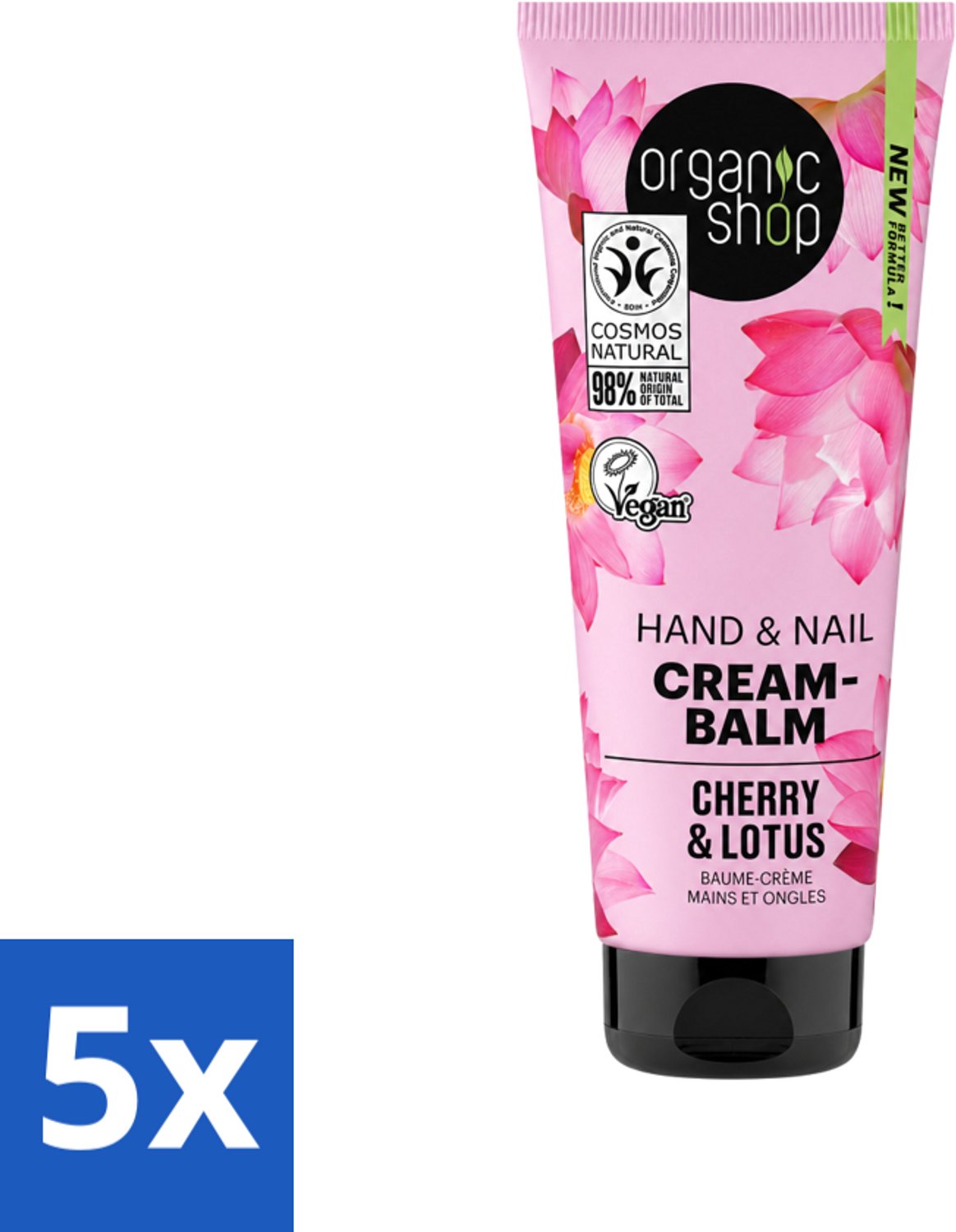 5 x Organic Shop - Hand & Nail Cream - Cherry & Lotus - Verzorgend en Hydraterend - 75 ml - Voordeelverpakking - 5 stuks