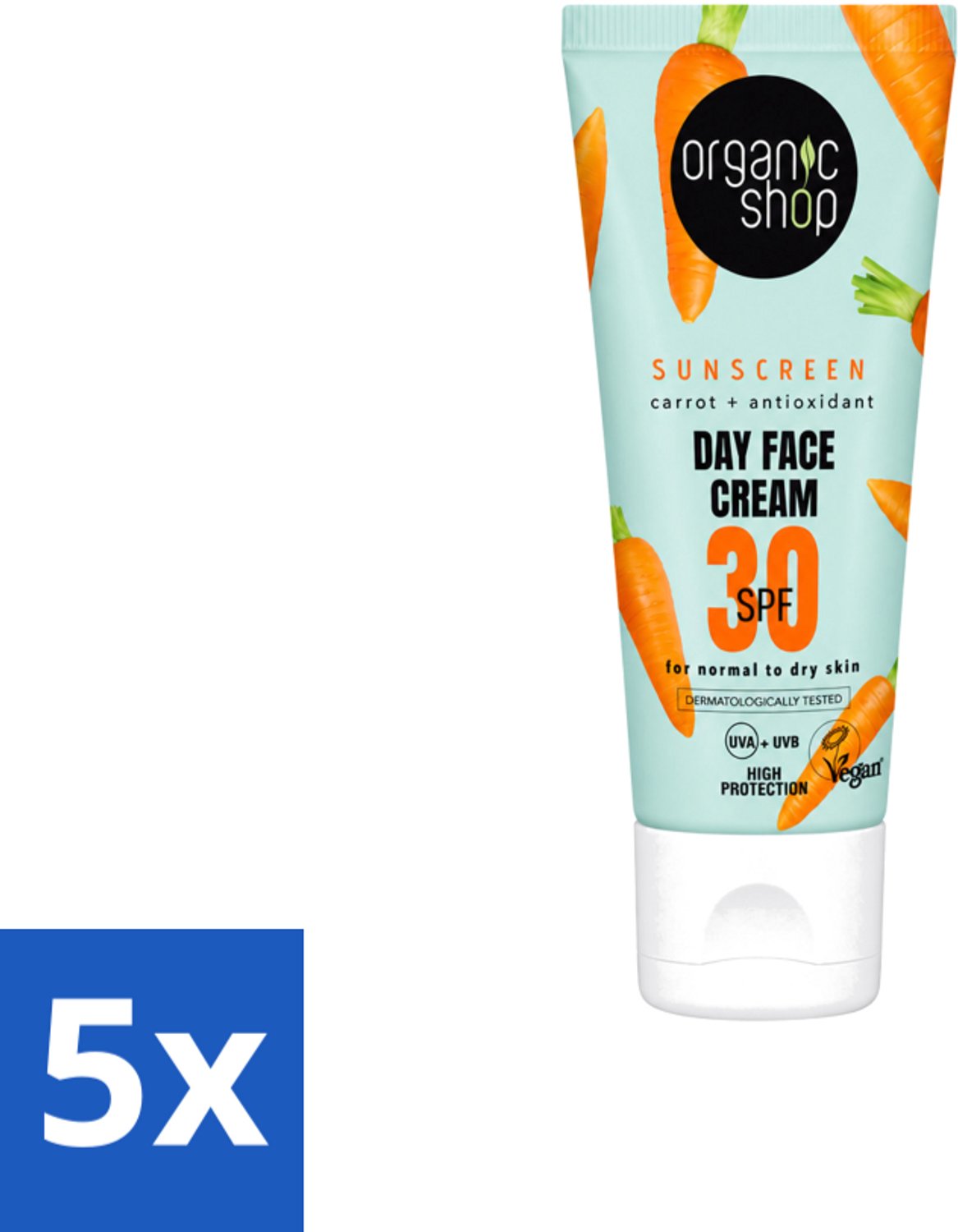 5 x Organic Shop - Zonnebrandcrème Gezicht SPF 30 - Normale Huid - 50 ml - Voordeelverpakking - 5 stuks