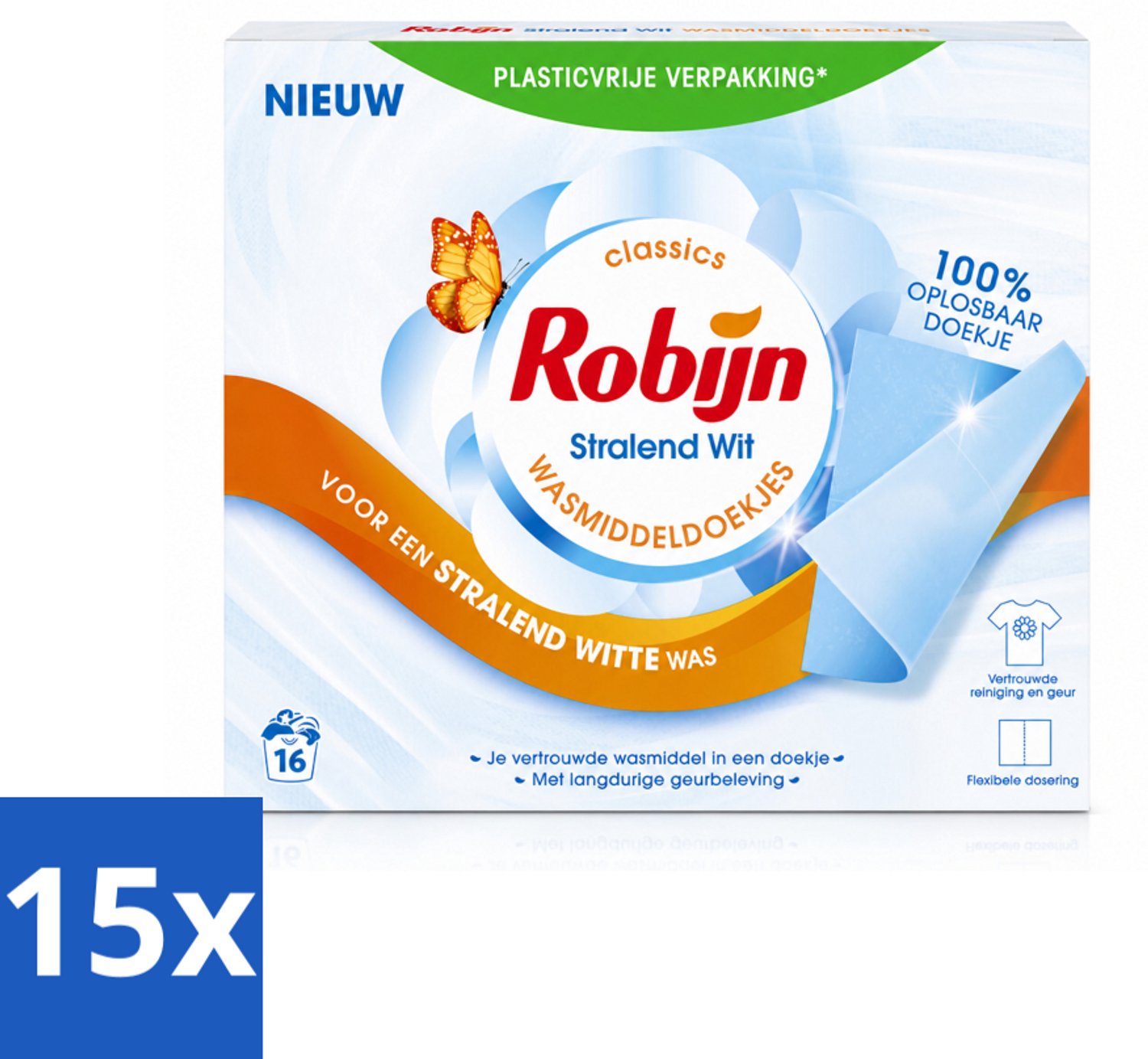 15 x Robijn Classics - Stralend Wit - Wasmiddeldoekjes - 16 Wasstrips - Voordeelverpakking - 15 stuks