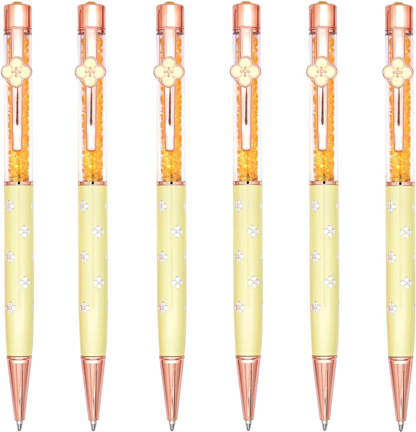 6 stuks zwarte inktpennen, clover, kristal, middelgroot, balpoint pennen, geel