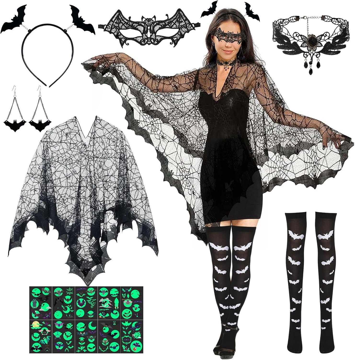 Vleermuiskostuum voor dames, Halloweenkostuum voor dames, vleermuiskostuum cape met masker, haarband, halsketting, spinnenwebcape, griezelvampier, carnaval, themafeest, Halloween-feestoutfit