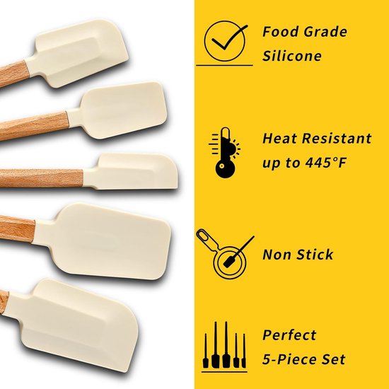 5 Piece Silicone Spatula Set with Wooden Handle, Heat Resistant 230°C, Non-Stick Dough Scraper for Baking Mixing Cooking Cake Dough Frying Kitchen Utensils (White) — afbeelding 3