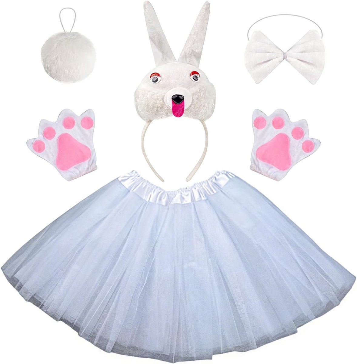 Kostuumset, 5 Delige Konijnenverkleedset met Handschoenen Hoofdband Tutu Rokje Staart en Vlinderdas Konijnenkostuum voor Kinderen Kostuumaccessoires voor Pasen, Carnaval en Cosplay