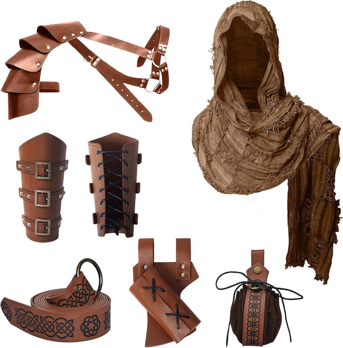 Ridderaccessoireset voor mannen en vrouwen - 6 stuks renaissancekostuumkit: riem, sjaal, armbracers, schouderpantser, zakje, zwaardkikker, spelden (Viking/Scandinavische stijl)