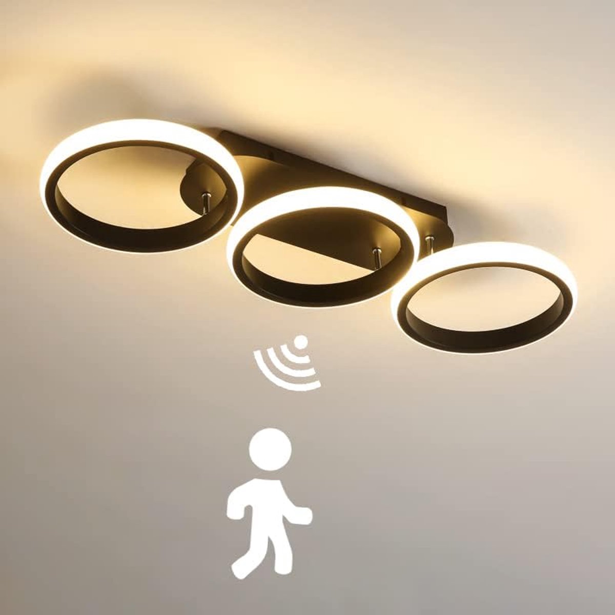 Plafondlamp met bewegingsmelder 30W hallamp voor binnen met sensor moderne ring plafondverlichting voor trappen woonkamer balkon keuken garage veranda kantoor sensorlamp, zwart (3000K)