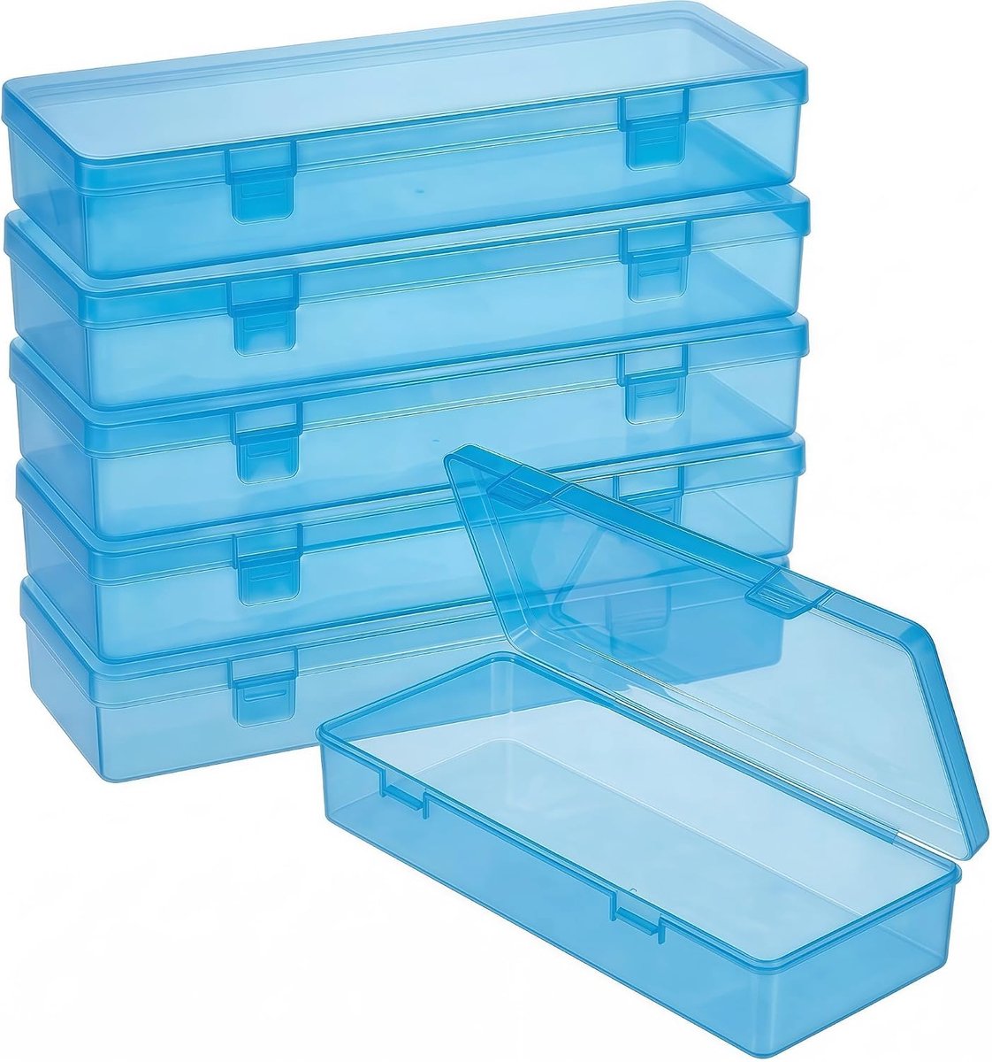 6 Stuks Lange Plastic Opbergdozen (15,5 x 6,5 x 3 cm) – Transparante Rechthoekige Bakjes voor Diamond Painting Tools, Schroeven & Sieraden, Kunststof Doosje met Deksel (Blauw)