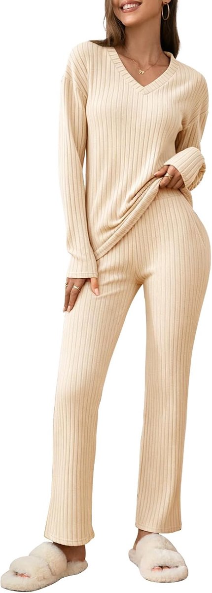 Geribbeld, 2-delig, loungewear, V-hals, lange mouwen, wijde