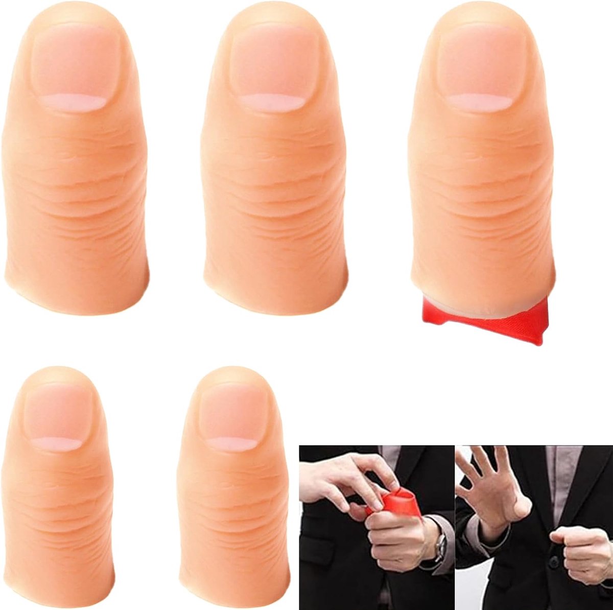 6-Delig Goocheltruc Set: 2 Klein & 3 Groot Zachte Duim Tips met Nagels + 15x15cm Zijde Sjaal, Ideaal voor Feestjes, Stag Do & Straatoptredenen