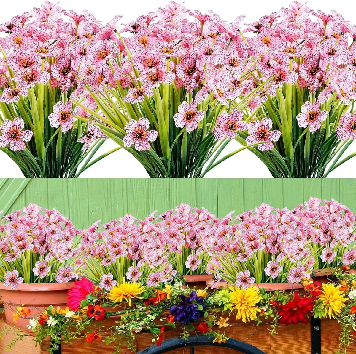 Kunstbloemen voor buiten, 12 stuks, kunstbloemen, balkon, uv-bestendig plastic, boeket, bloemen, struiken, voor binnen en buiten, voor thuis, tuin, kantoor, raam, binnenplaats, bruiloft