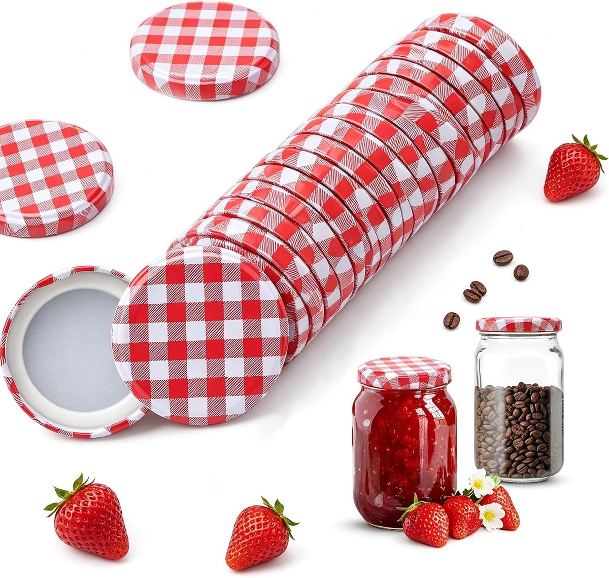 Deksels, deksel TO 63 mm van rood geruit metaal, herbruikbaar, reserveschroeven, schroefdeksel voor inmaakpotten, voor inmaakpotten en inmaakpotten