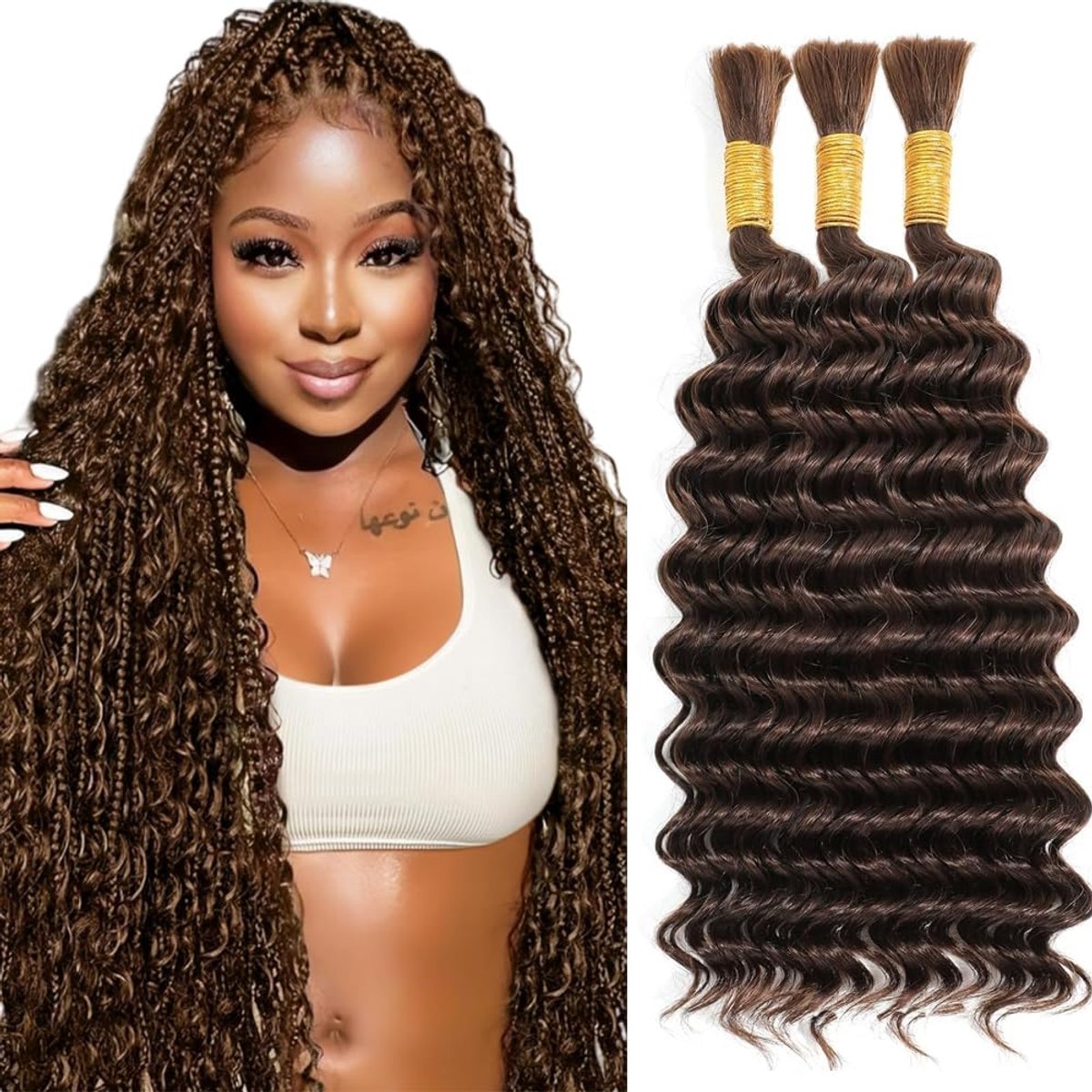 24 24 24 Inch Deep Wave Bulk hair for Braiding #4 Chocolate Brown Menselijk haar No Weft Premium Braiding Hair Extensions for Boho Braids With Minimal Tangle 3 Bundles/Pack