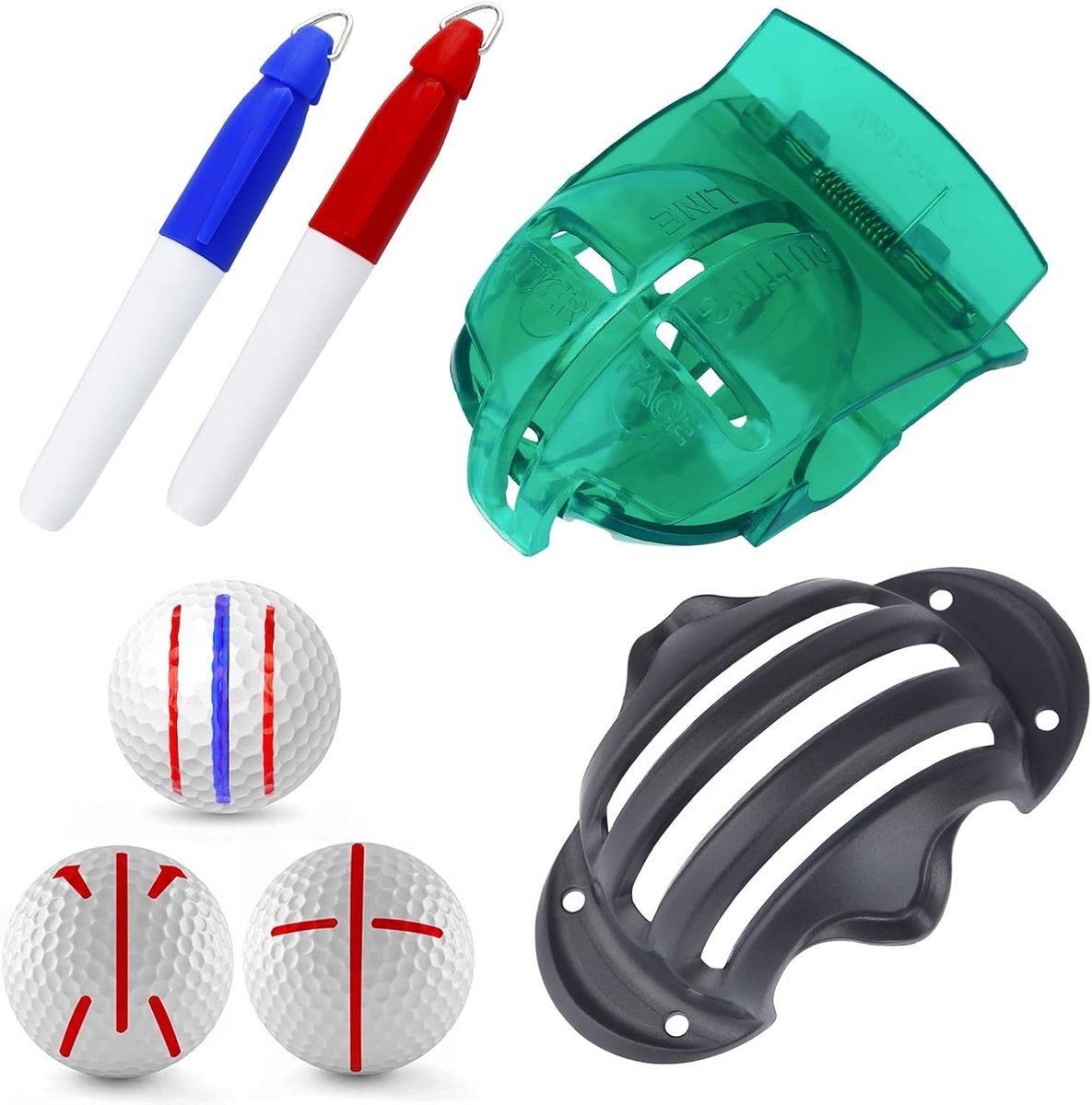 Golf Ball Liner Tri-Line Set met Marker Pen - Triple Track Putter Stencil en Klem voor Balmarkering, Perfect voor Golftraining en Precisie