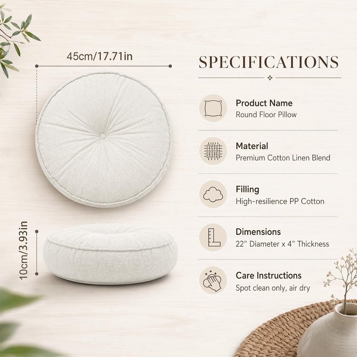 Groot rond meditatiekussen voor yoga en meditatie, decoratief vloerkussen voor binnen en buiten, ideaal voor slaapkamer en balkon (gebroken wit)