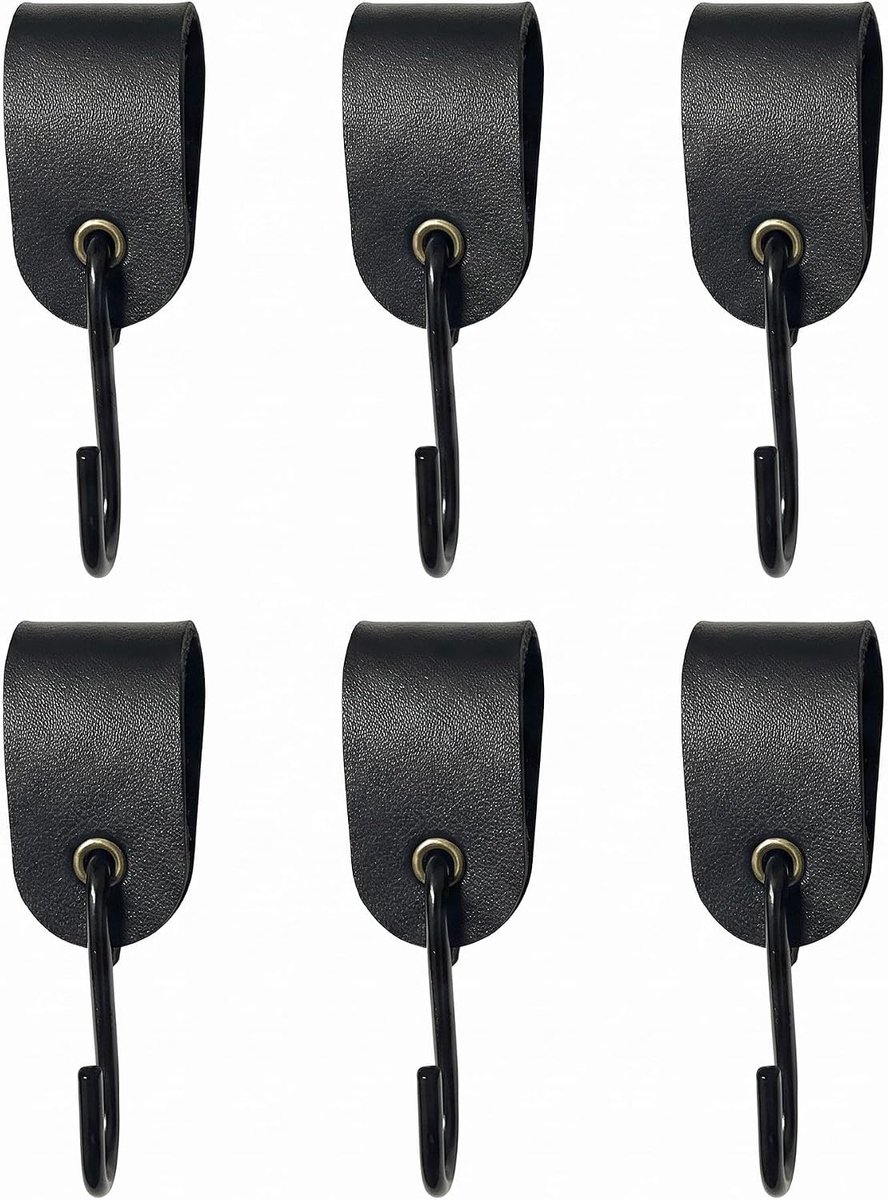 S-haken zwart, 6 stuks, metalen haken met leren lus, outdoor campinghaken, 1 set afzonderlijk verpakt, metalen haken met lederlook lus, voor camping, garderobe, keuken, tent, tas en camper