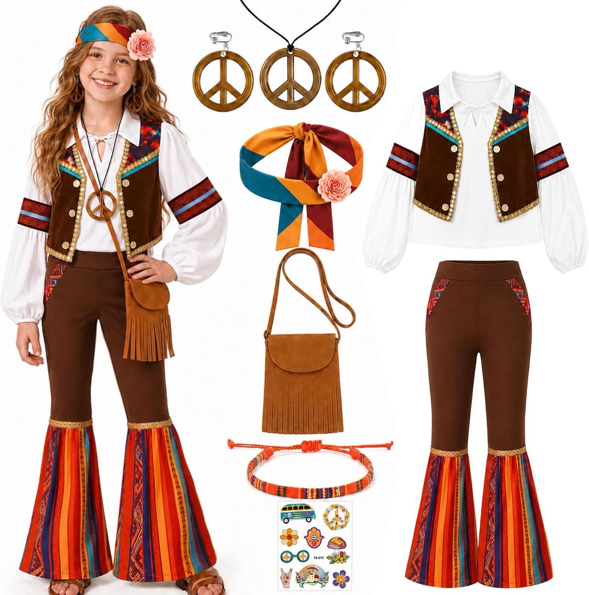 Hippiekostuum voor meisjes, hippiekostuum, Halloween, carnaval, kinderen