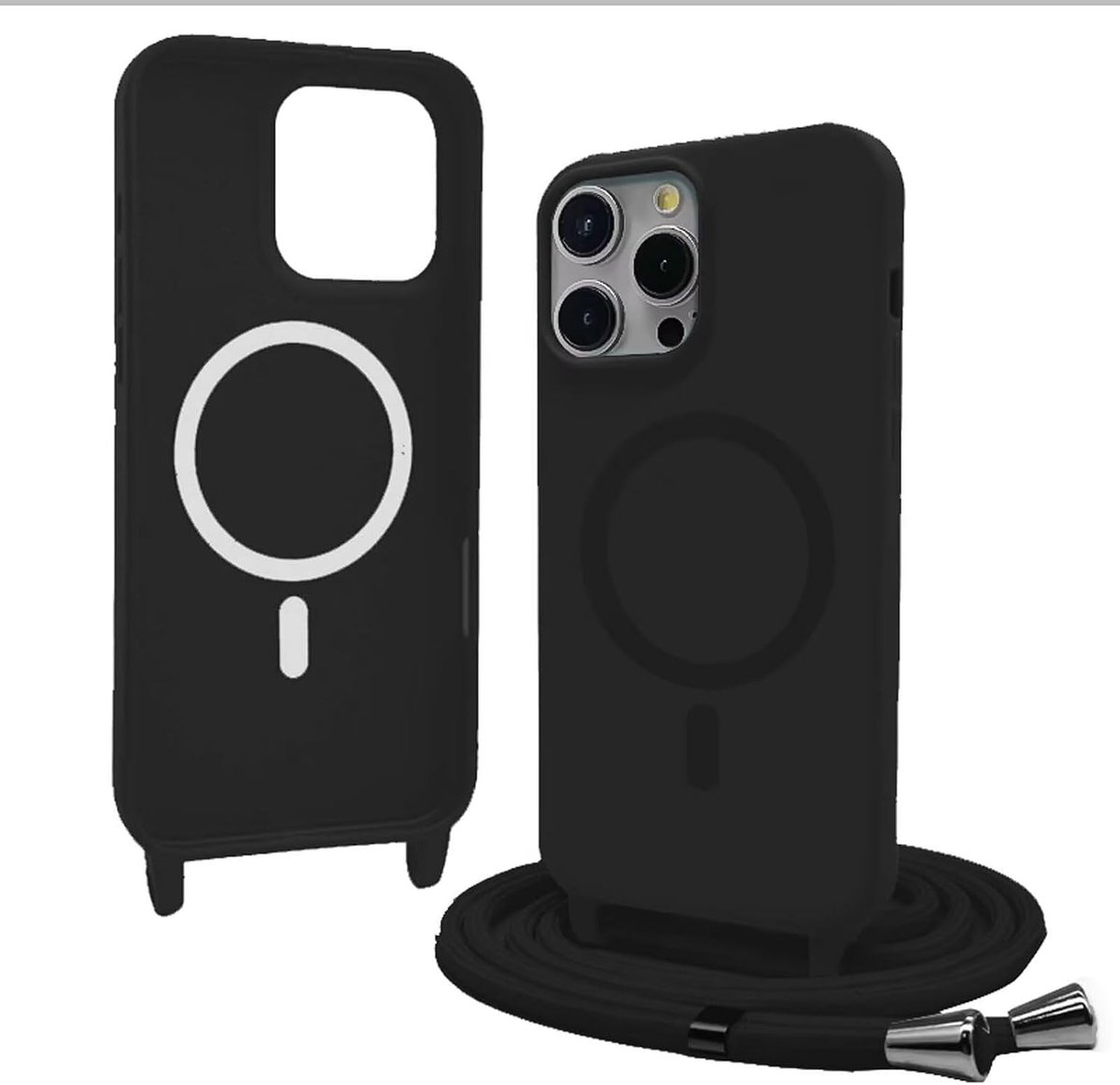 Beschermhoes met omhangkoord voor iPhone 16 Pro Max, compatibel met MagSafe, siliconen hoes, verstelbaar, nylon omhangband, halsketting, schouderriem, zwart