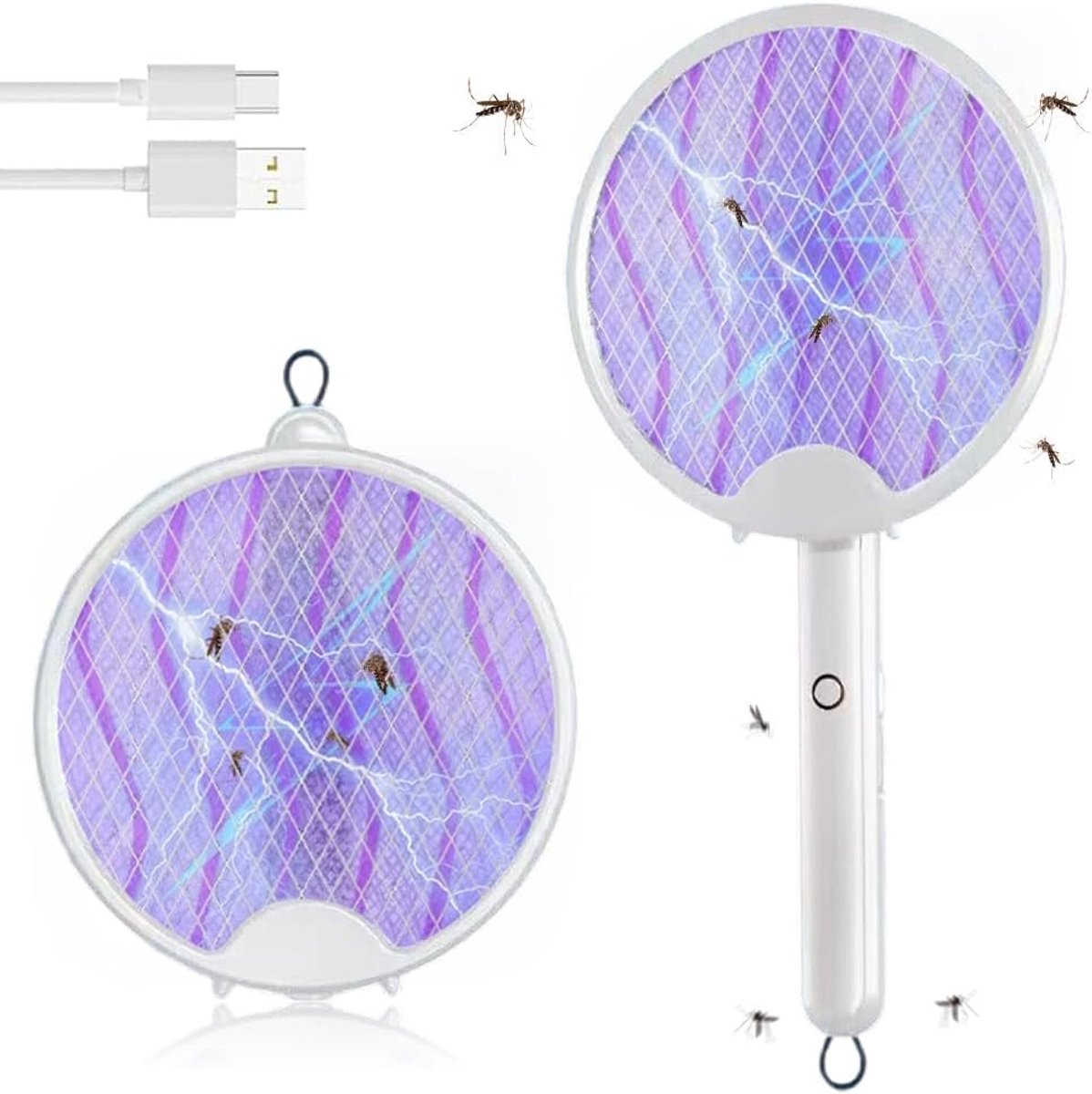 Draadloze Elektrische Vliegenmepper 3-in-1, Oplaadbaar met USB, UV Insectenbestrijdingsapparaat voor Binnengebruik met Veiligheidsnet en Vouwfunctie