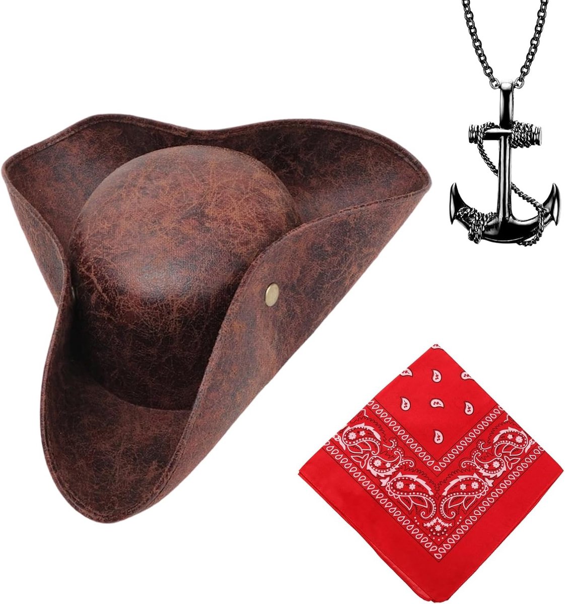 Bruine Piratenhoed met Rode Sjaal en Zwarte Ankerketting voor Volwassenen, Piratenkostuum Accessoires voor Halloween en Cosplay, Tricorn Hoed voor Feestjes en Rollenspellen