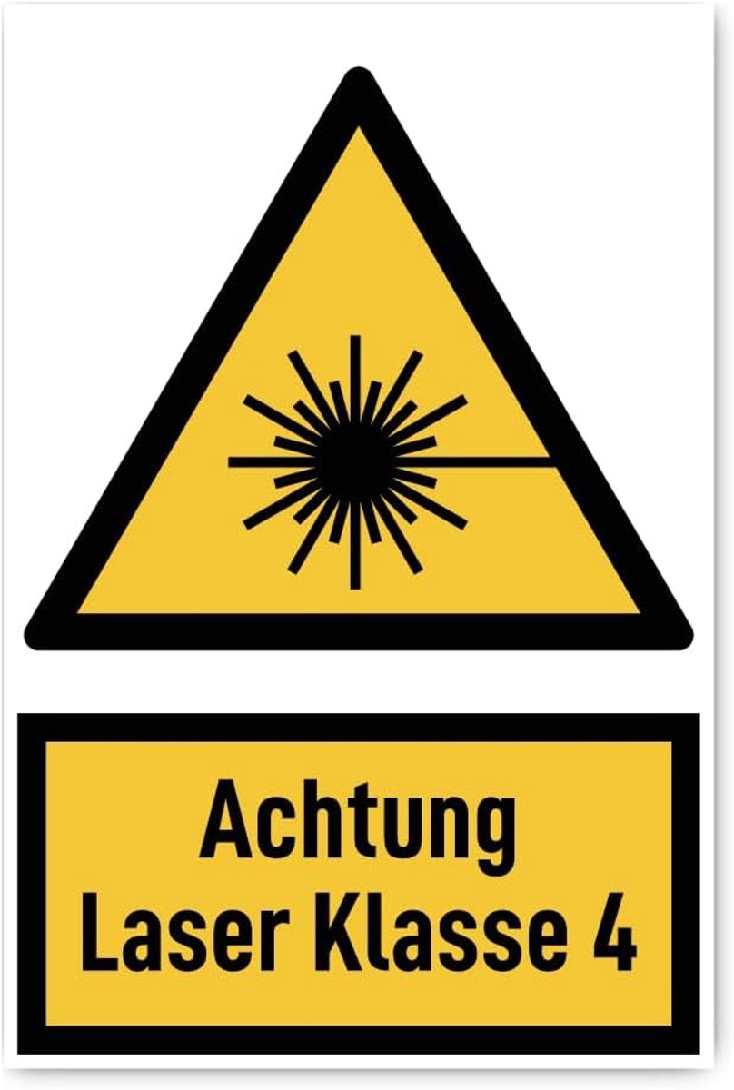 300x200 mm, 1 stuk - Let op laser klasse 4 - waarschuwingsteken met tekst (Duits) (geel/zwart) - driehoek - W004 - DIN EN ISO 7010 / ASR A1.3