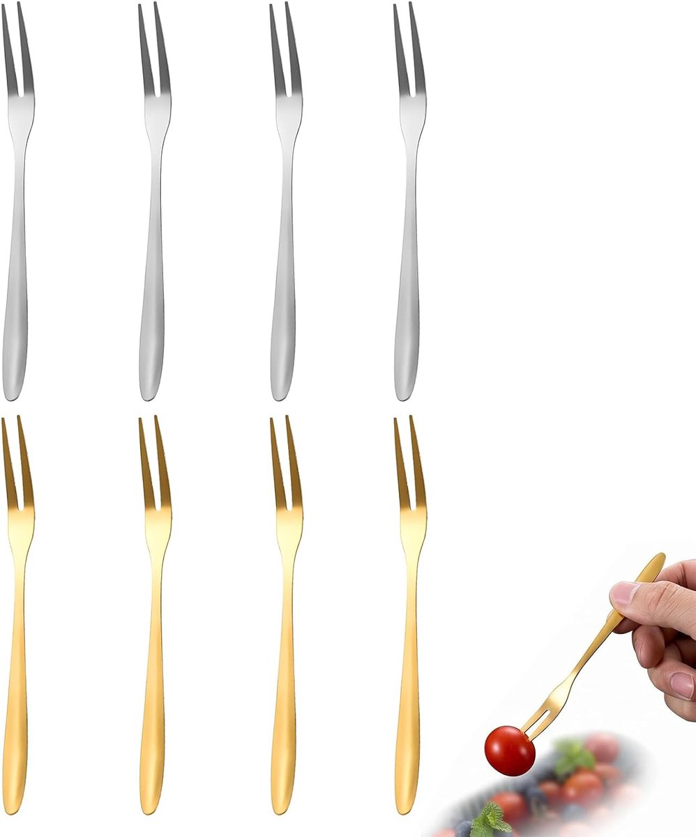 8 stuks taartvorken, kleine vorken, tafelvorken van roestvrij staal, herbruikbaar, vaatwasmachinebestendig, voor thuis, restaurant of hotel