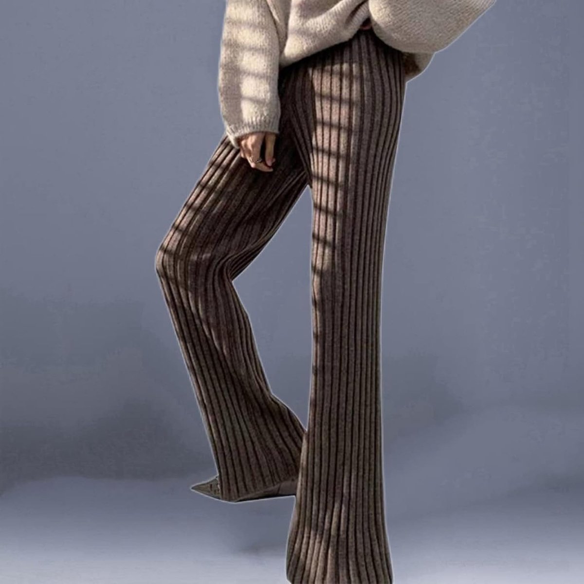 Gebreide Broek - Dames Wijde Pijpen Broek Herfst Winter Mode Warm Dik Gestreept Gebreid Bruin Elastische Hoge Taille Losse Wijde Pijpen Broek Dames Streetwear Elegant Kerst Nieuwjaar Cadeau,B
