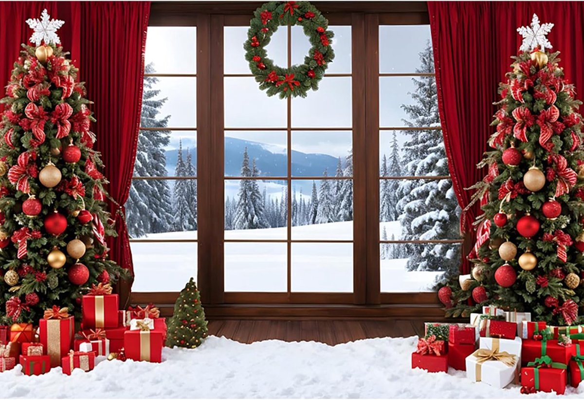 10 x 24 m rood Kerstmis winter raam kerstboom geschenken decoraties sneeuw wonderland Kerstmis familie vakantie party fotografie achtergrond banner fotostudio kinderen rekwisieten