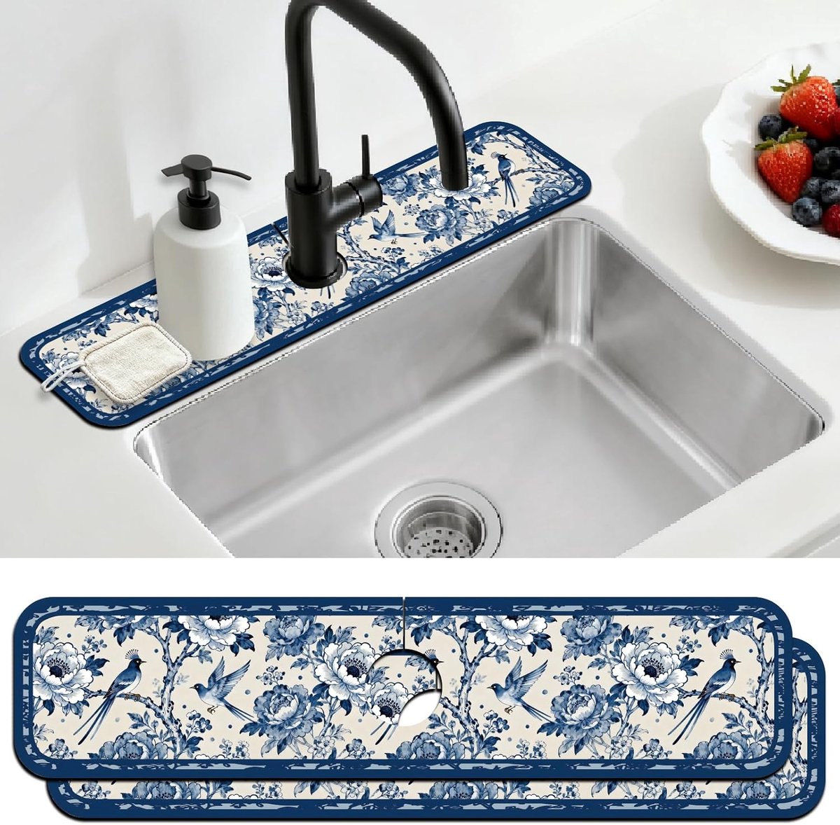 2 stuks keukenspoelbak, spatbescherming, kraanmat, vintage porselein, bloemen- en vogelpatroon, kraanmat voor gootsteen, absorberende droogmat voor keuken en badkamer, 60 x 14 cm
