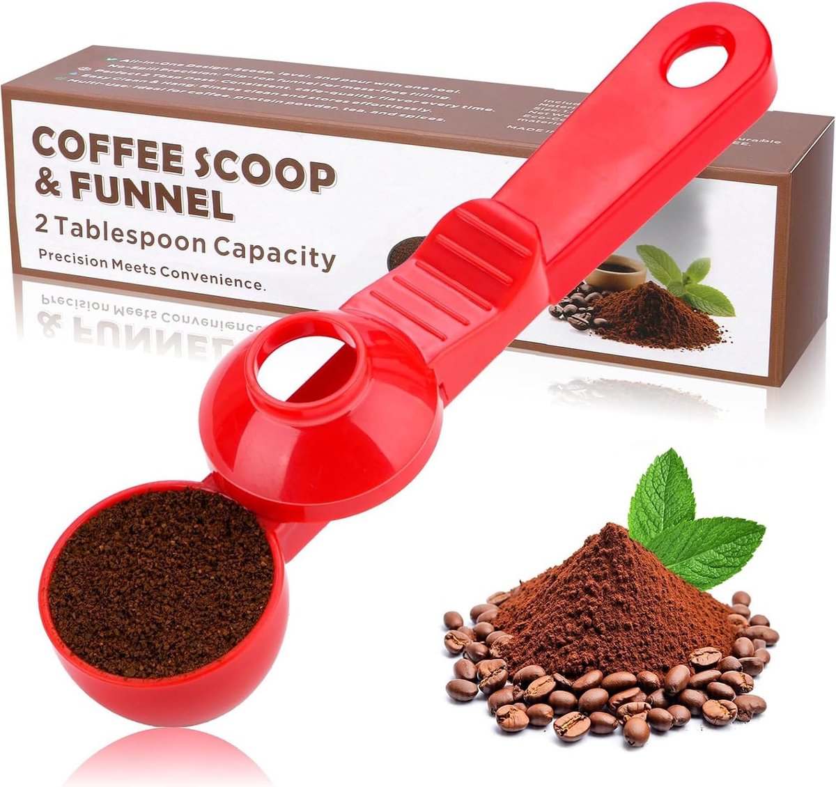 2-in-1 koffieschep met trechter, 2 theelepels maatlepel voor herbruikbare K-kopjes, gemalen koffie, eiwitpoeder en thee, rommelvrij plastic ontwerp (rood, 1 stuks)