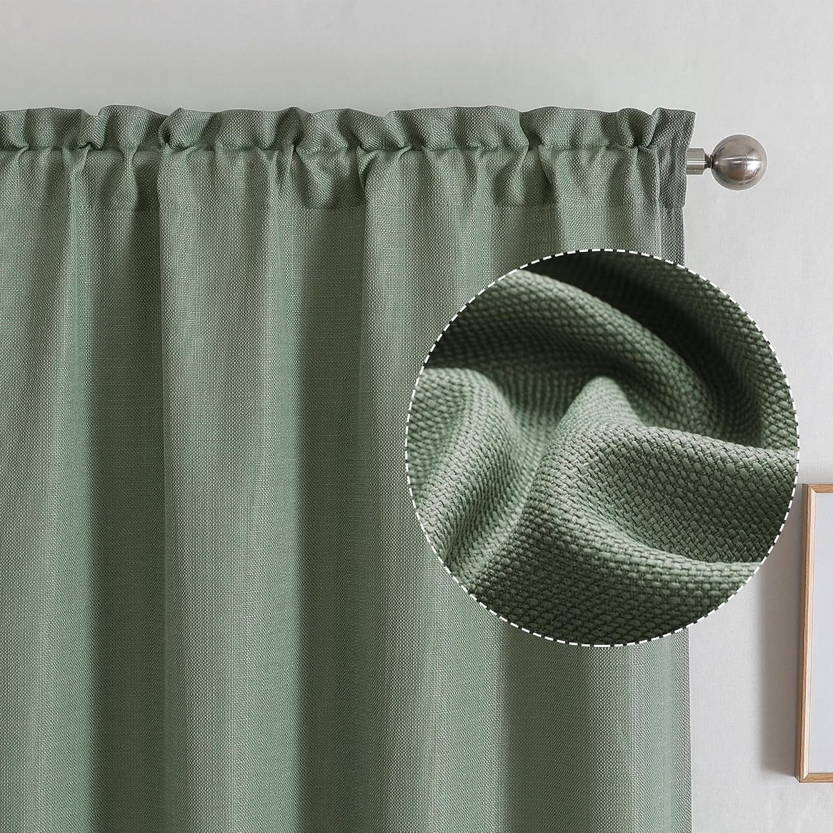 Saliegroene gordijnen 111 cm lengte 2 panelen, faux linnen getextureerde semi doorschijnend licht filterende zachte luchtige roede zak raambekleding gordijnen voor woonkamer slaapkamer, elk