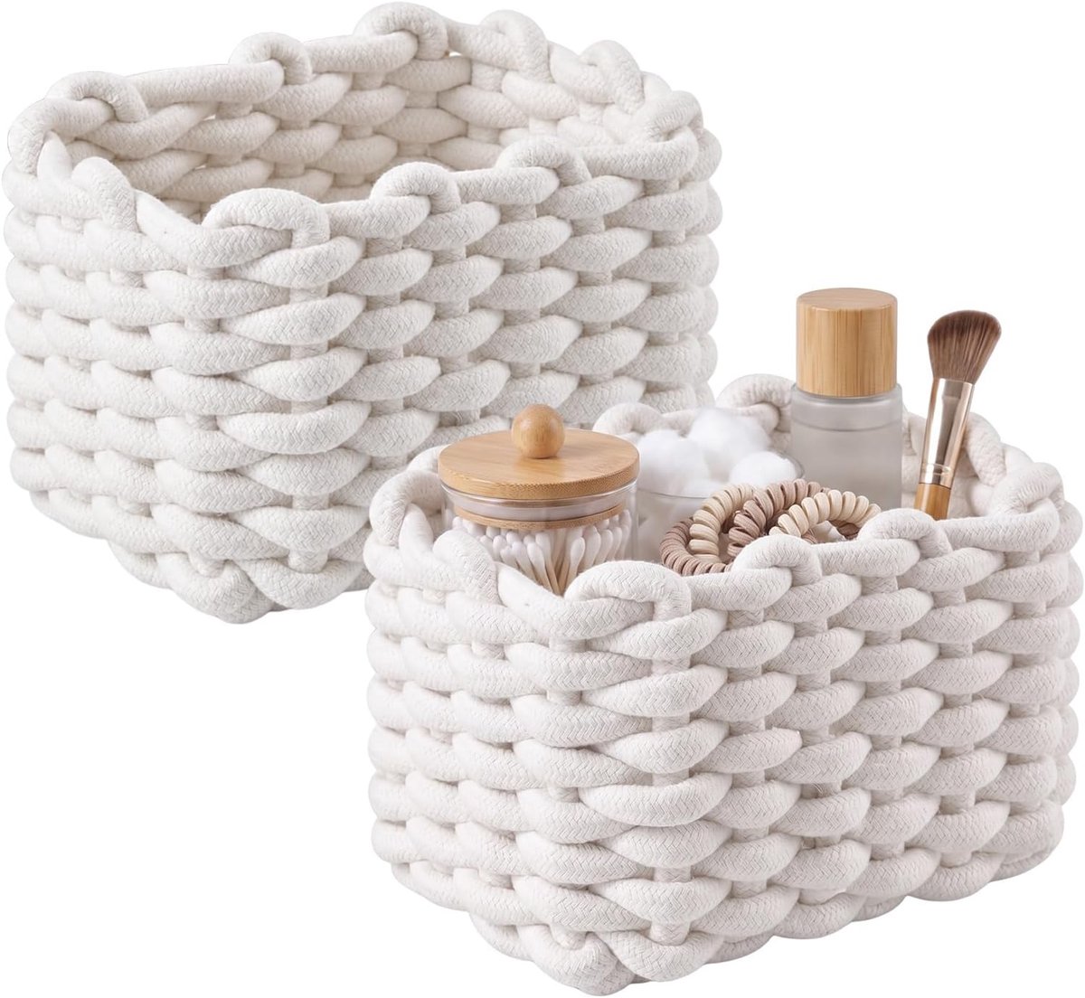 Katoen, set van 2 gevlochten gebreide manden, badkamerorganizer, luiertafel, organizer, decoratieve vierkante opbergmanden voor make-up, sokken, speelgoed (wit)