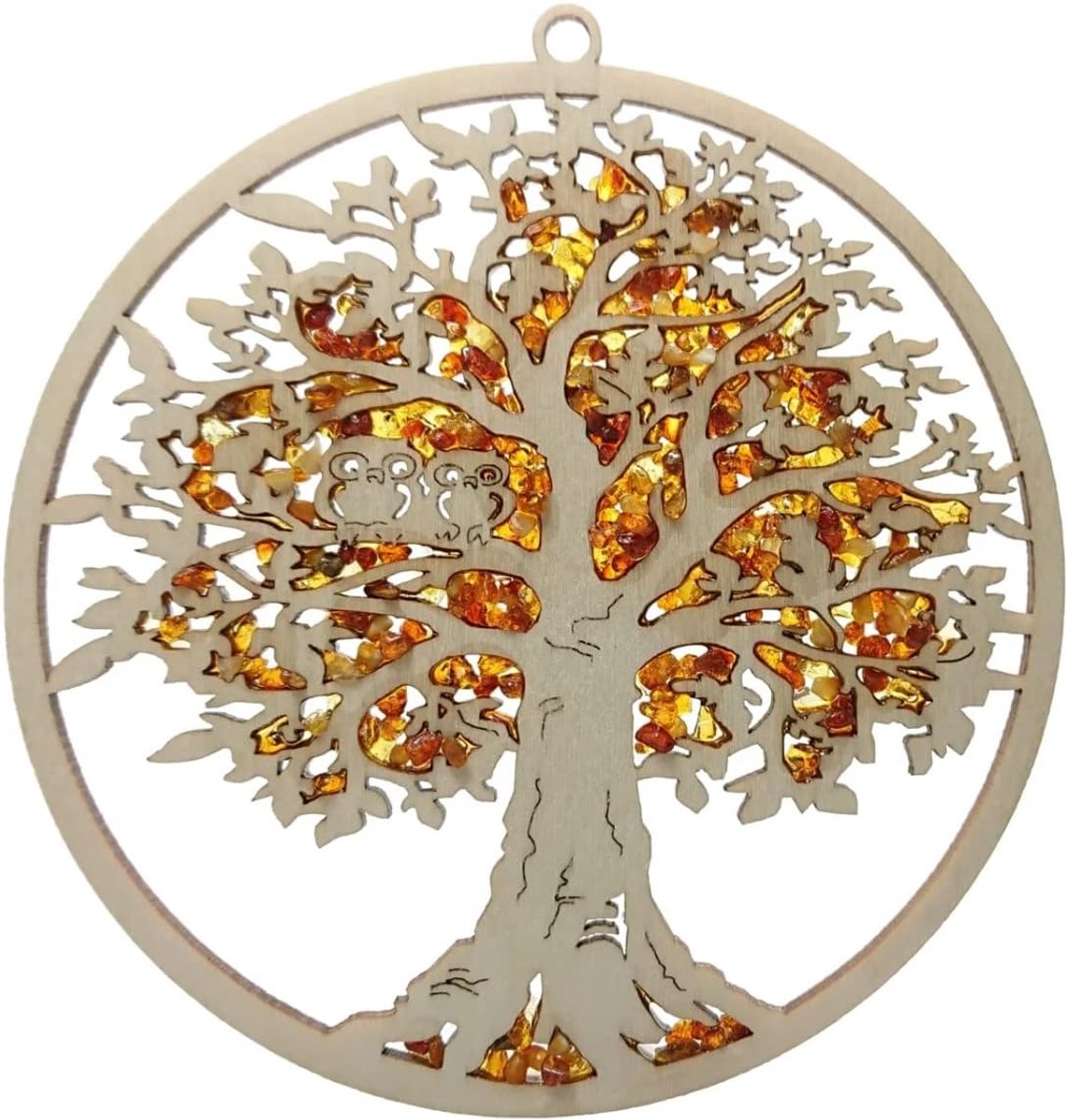 Raamdecoratie zonnevanger Suncatcher barnsteen in berkenhout "boom met uilen" Ø 11, incl. geschenkverpakking