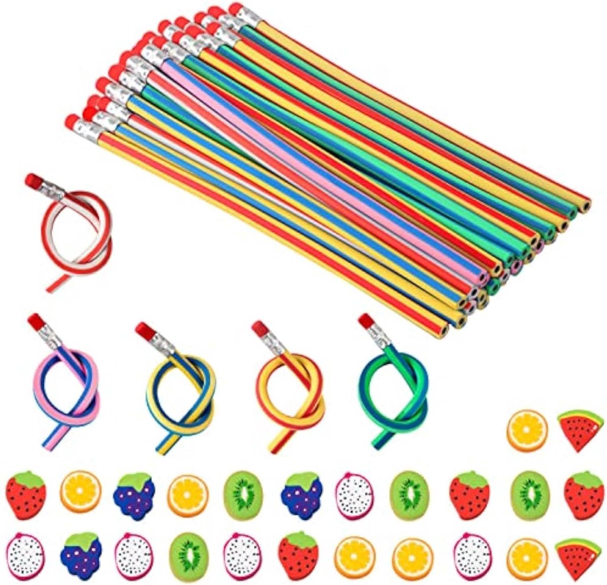 Flexibele buigpotloden 25 stuks + fruitrubber gummen 24 stuks, feestzakvullers voor kinderen, schoolbenodigdheden, kinderverjaardagsfeestjezakgunsten, pinata-vulstoffen