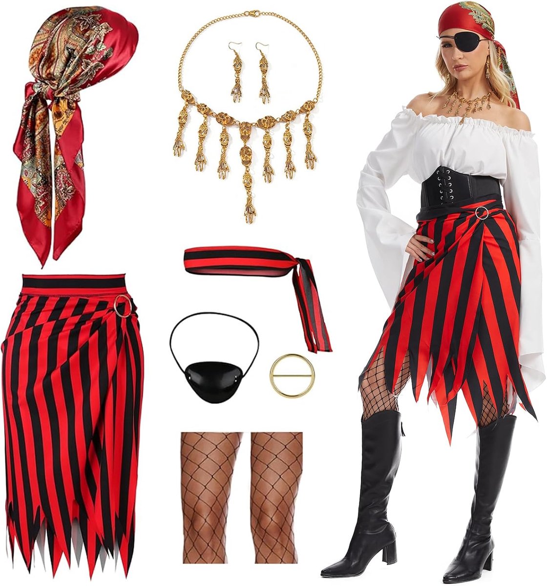 Piratenkostuum voor dames, accessoireset, piratenverkleding, accessoires met rok, hoofddoek, oogklep, halsketting, oorbellen, voor carnaval, Halloween, cosplay