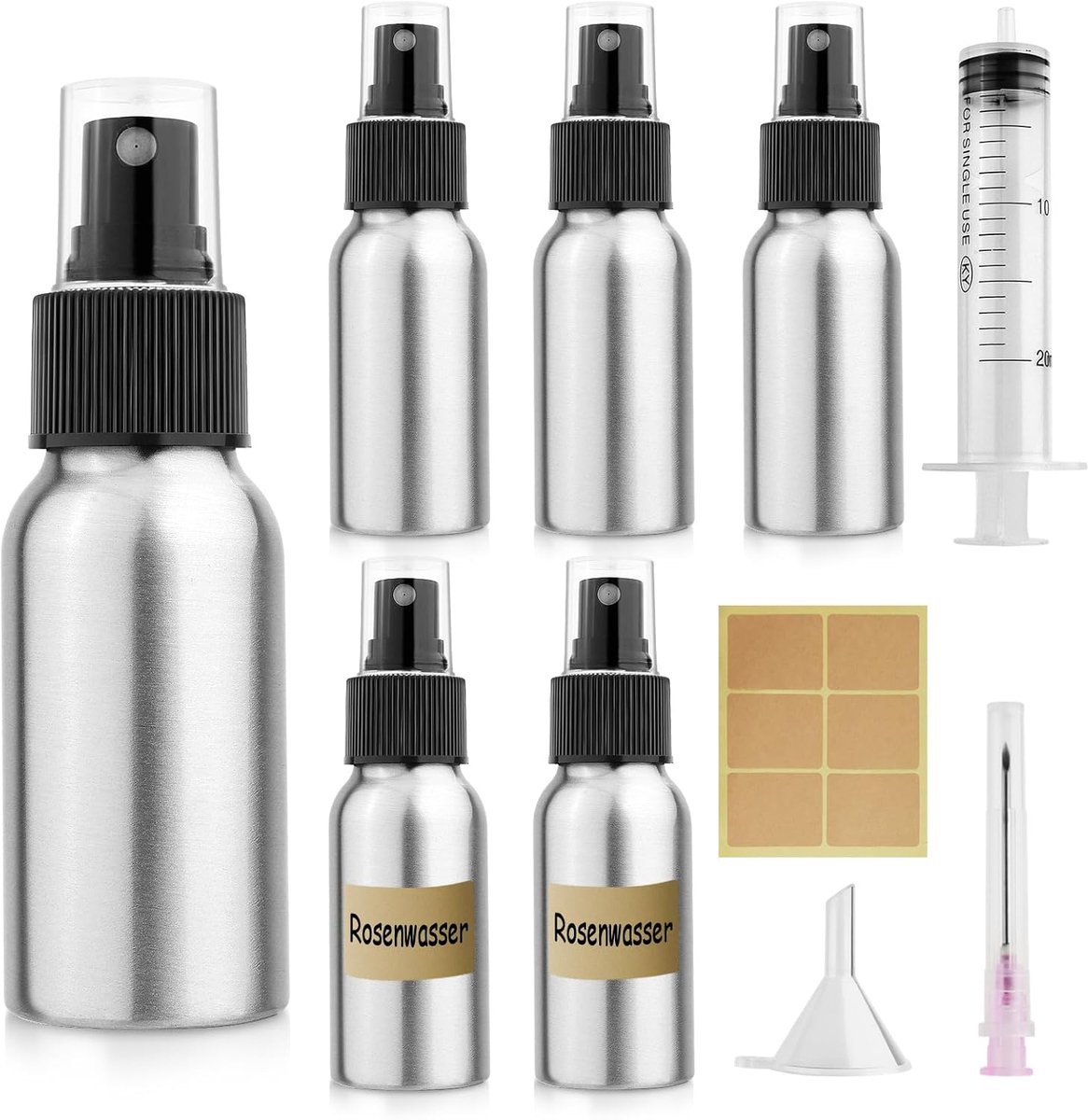 5 Stuks Spuitfles Aluminium, 50ml Fine Mist Verstuiver, Kleine Lege Hervulbare Travel Spray Flessen met 20ml Spuit, Trechter, Sticker voor Essentiële Olie, Haar, Parfums, Reiniging