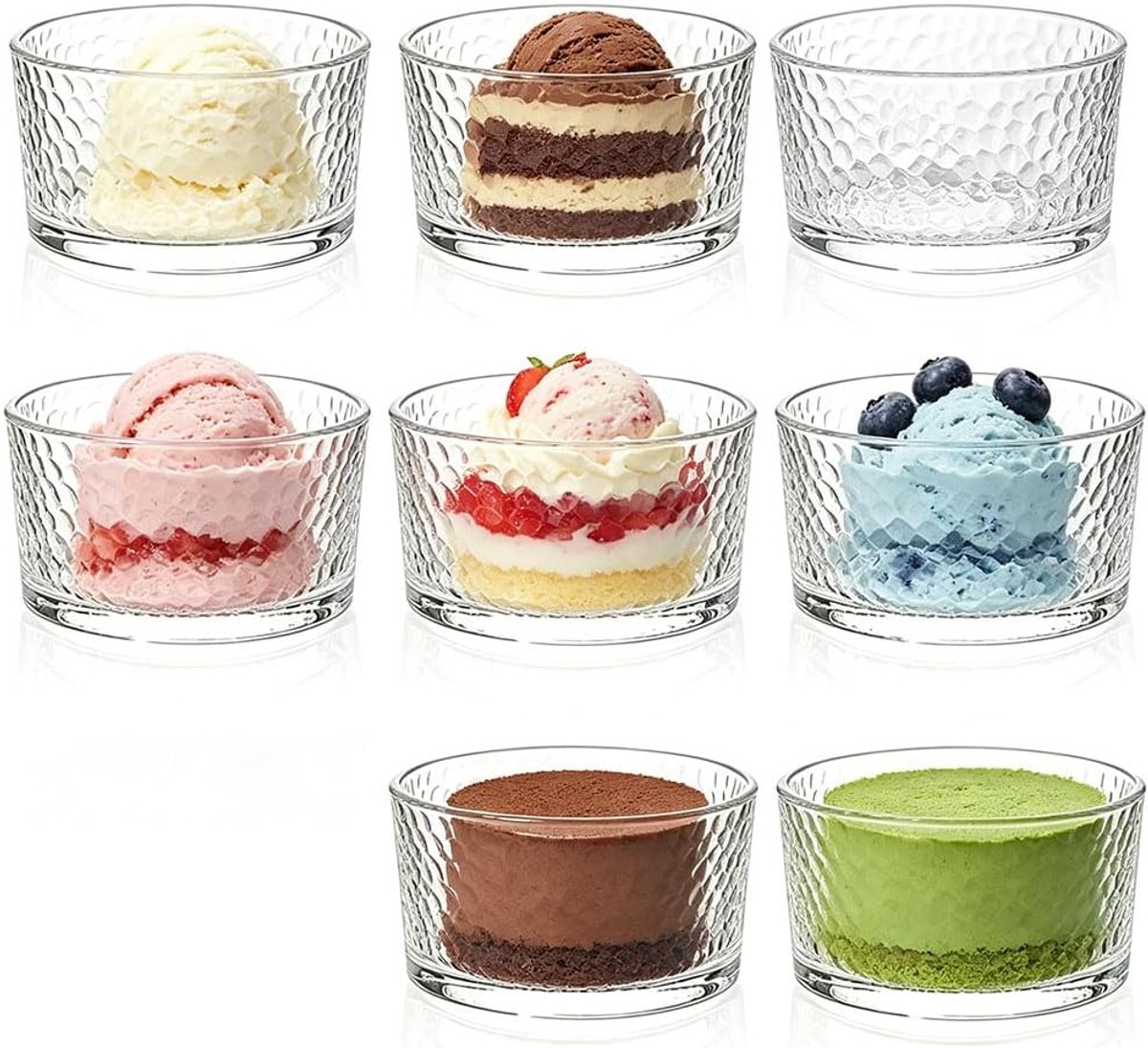 Dessertkommen van glas, ijsbeker voor dessert, tiramisu, pudding, yoghurt-muesli (hamerslag, 8 stuks, 200 ml)