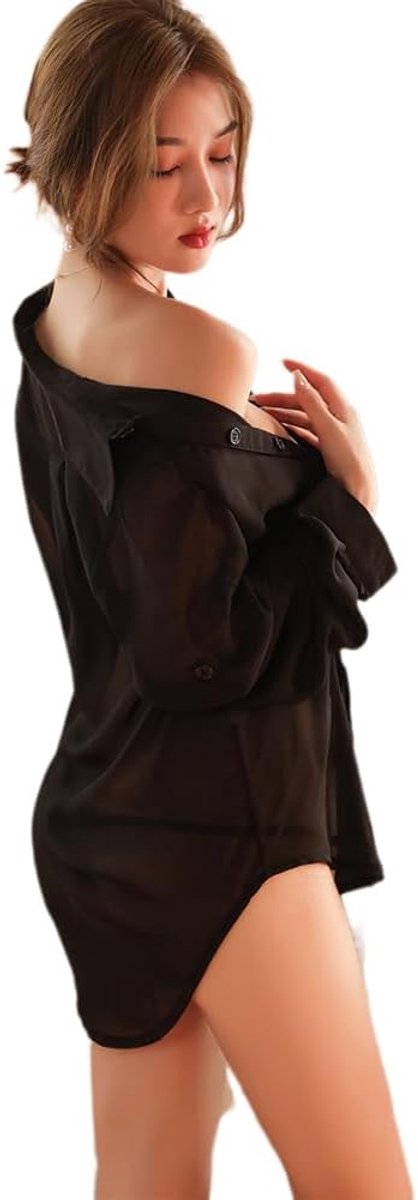 Chiffon knoop shirt vriendje stijl cosplay perspectief zachte lange mouwen pyjama top, Zwart, One Size Petite