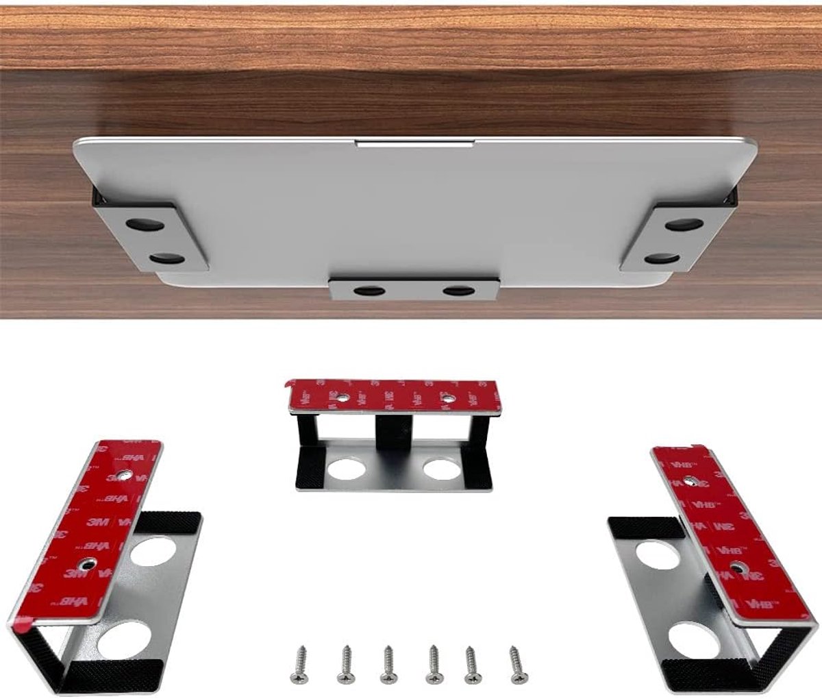 Ondertafelhouder, plankhouder, standaard voor laptop, Mac Mini, MacBook Air/Pro met lijm (zilver)